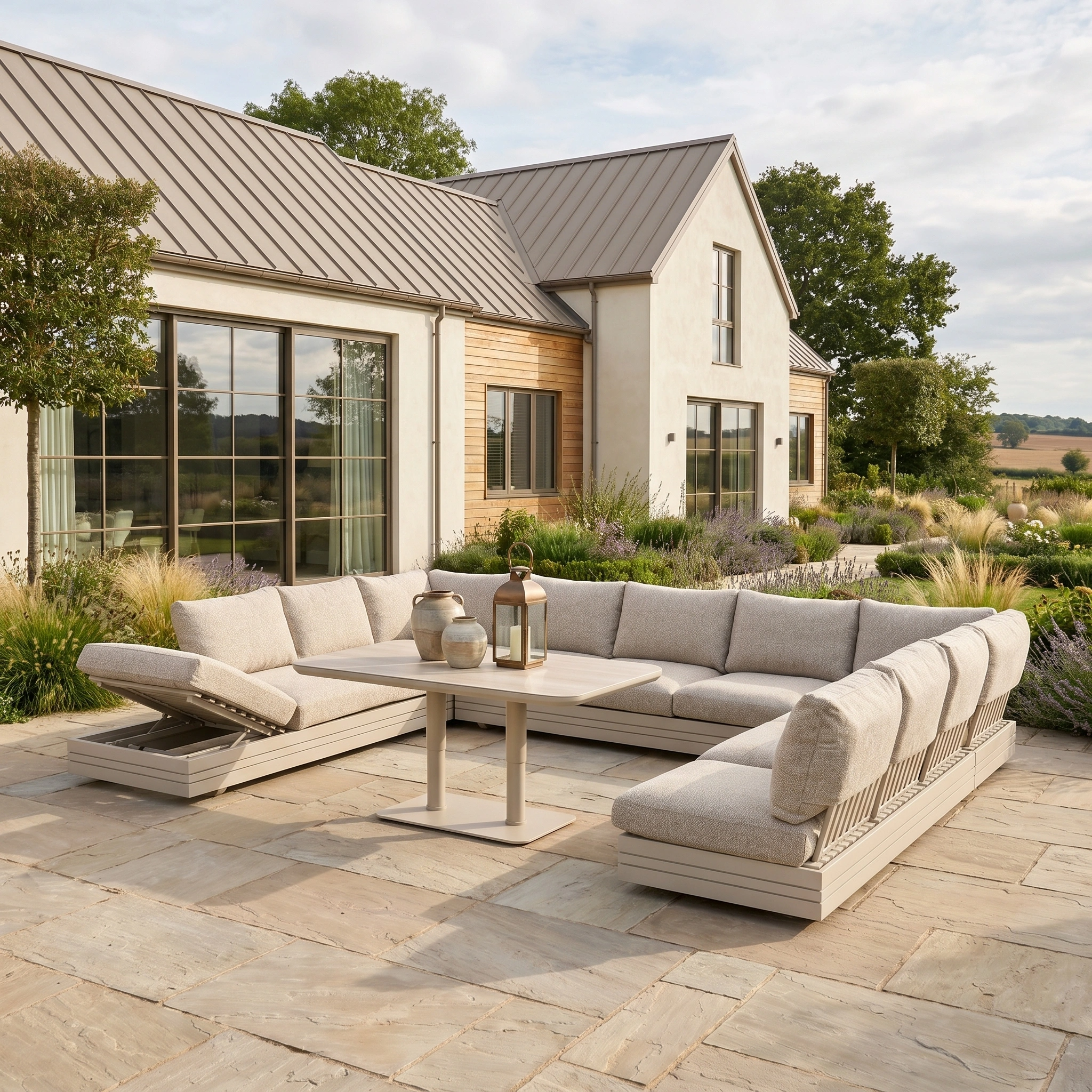The Savona Luxury Outdoor Large U-Shape Corner Sofa Set with Altura Rising Table in Oatmeal is displayed on a stone patio in front of a modern house.