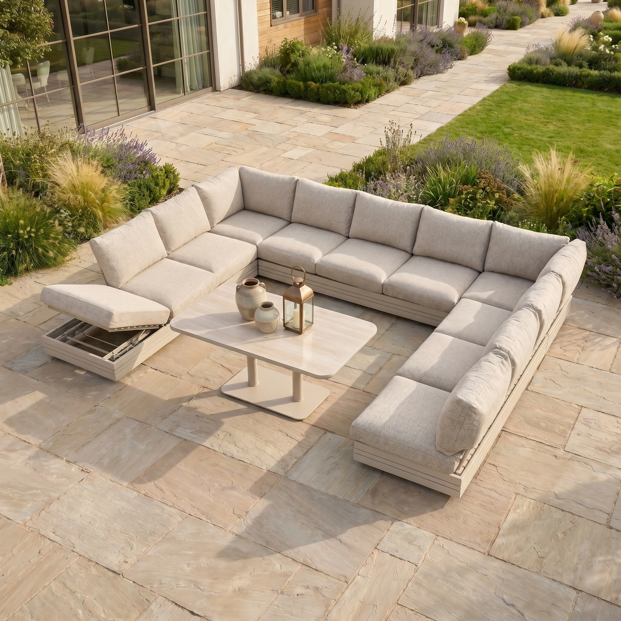 The Savona Luxury Outdoor Large U-Shape Corner Sofa Set with Altura Rising Table in Oatmeal adds style to your patio.