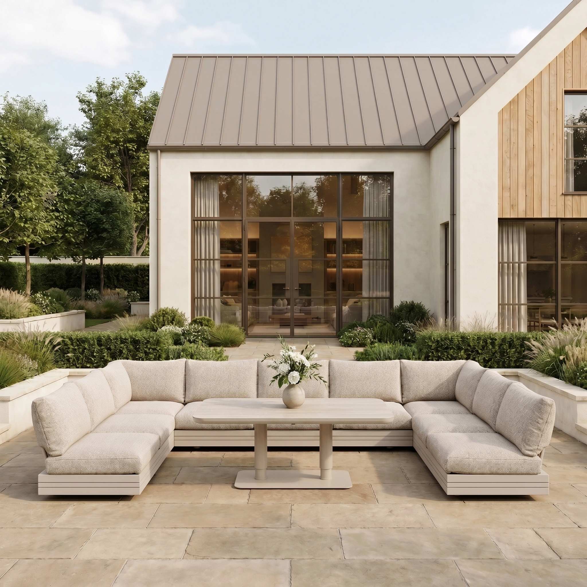 Modern outdoor patio featuring the Savona Luxury Outdoor Large U-Shape Corner Sofa Set with Altura Rising Table in Oatmeal, set in front of a contemporary house.