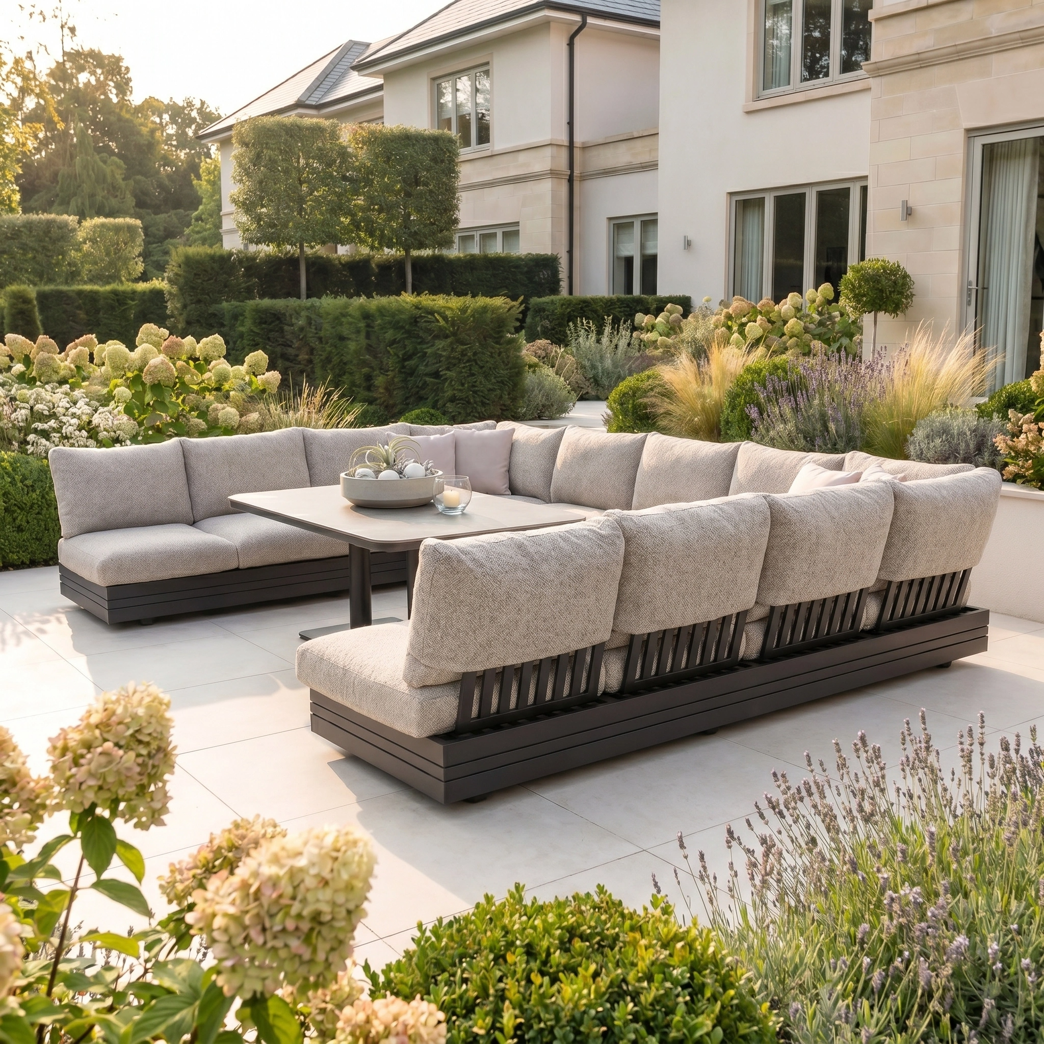 Create a stylish retreat with the Savona Luxury Outdoor Large U-Shape Corner Sofa Set and Altura Rising Table in Truffle, crafted from rust-proof aluminium and surrounded by lush garden plants and flowers.