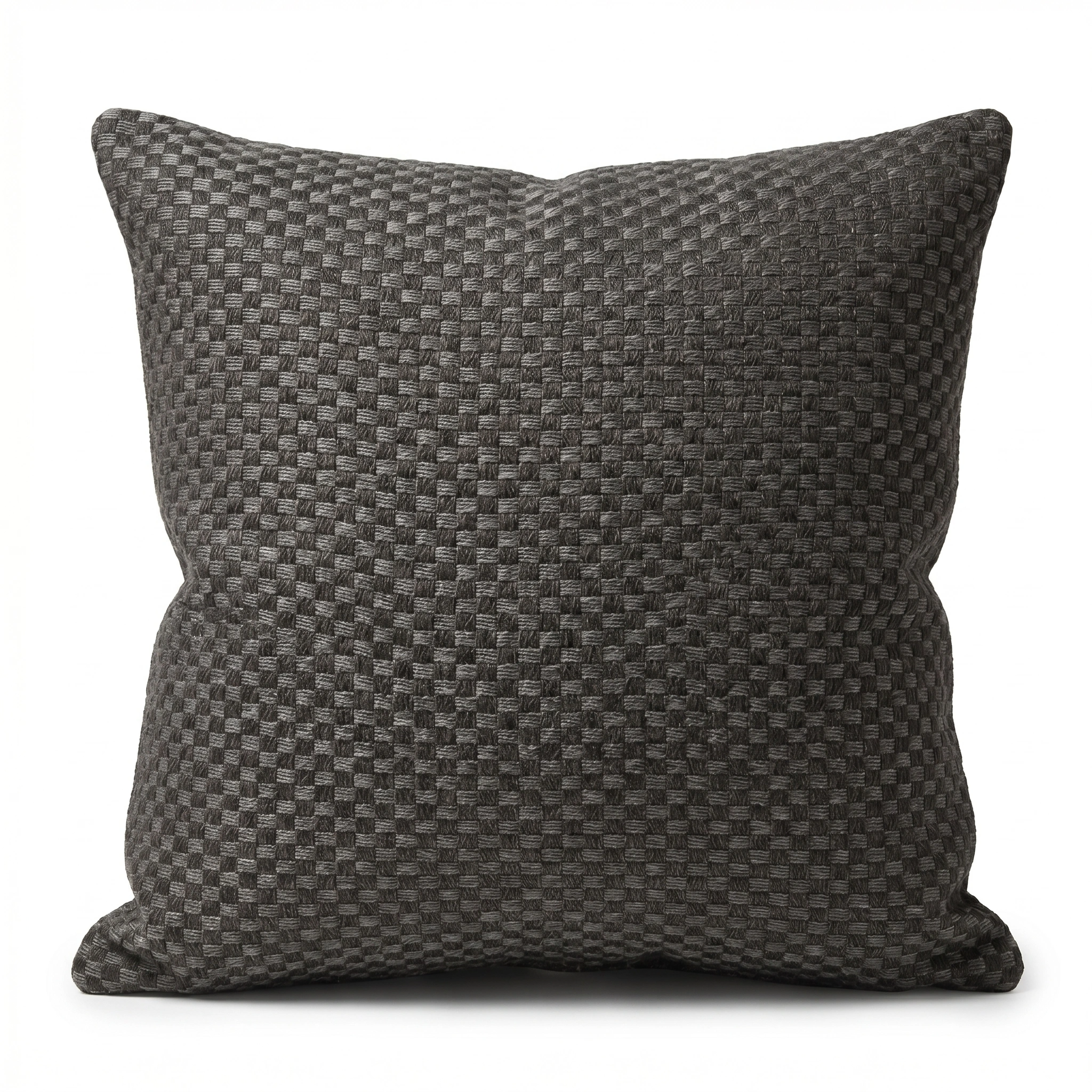 The Agora Senda Grafito Medium Scatter Cushion (45cm x 45cm) features a dark gray textured checkerboard pattern in solution-dyed acrylic, shown here against a plain white background.
