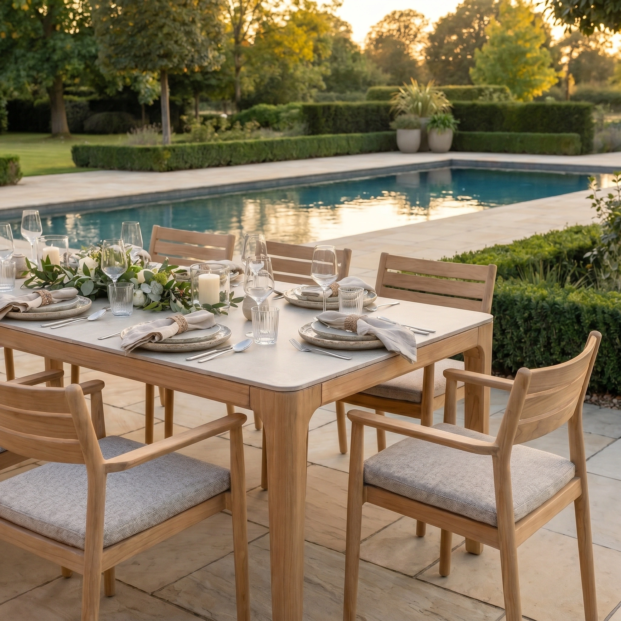 The Siena 8 Seat Dining Set with Ceramic Top Table in Fawn creates an inviting poolside scene in a landscaped garden at sunset.