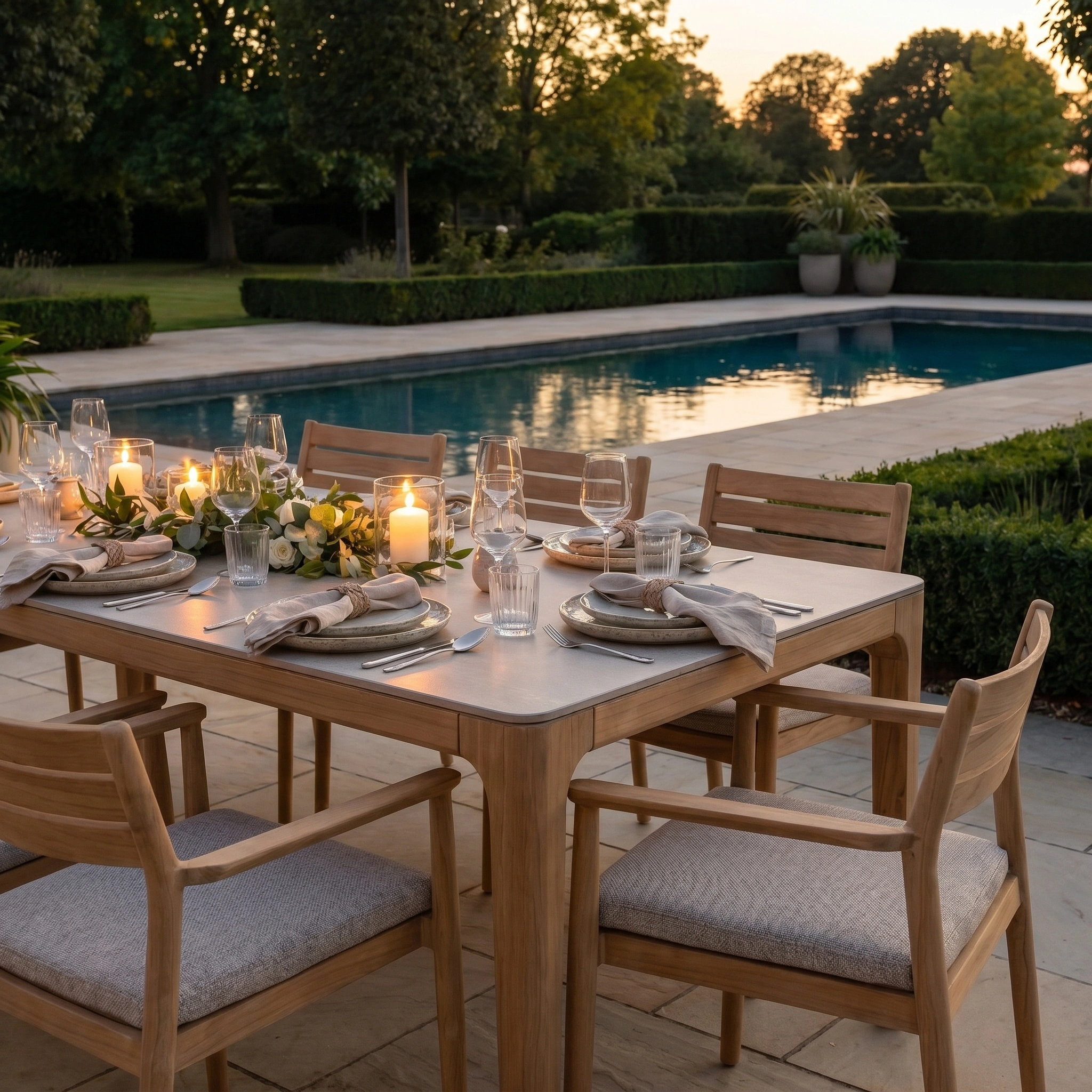 The Siena 8 Seat Dining Set with Ceramic Top Table in Fawn offers elegant outdoor dining, featuring stylish teak furniture and a sleek ceramic table—perfect for sophisticated gatherings by the pool at sunset.