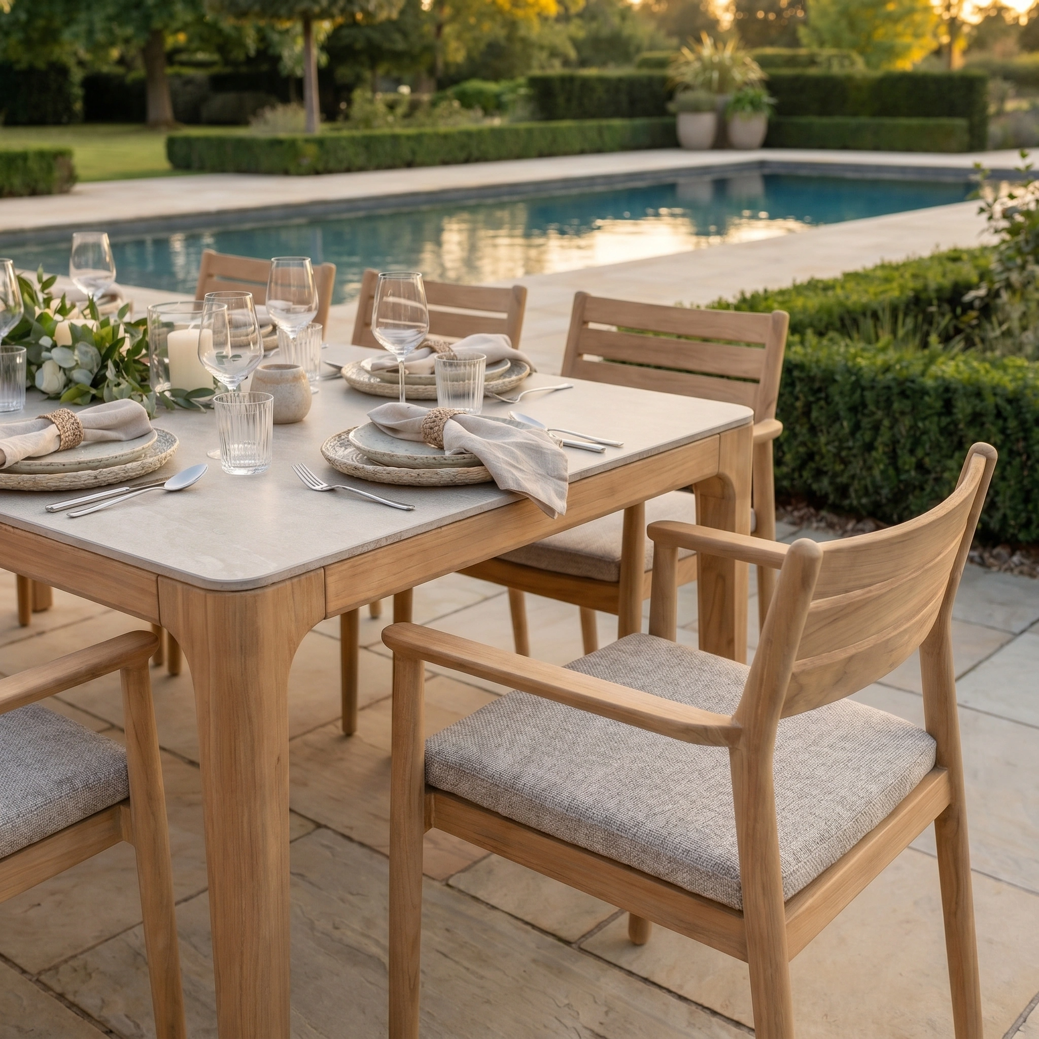 A Siena 8 Seat Dining Set with Ceramic Top Table in Fawn is set beside a pool in a landscaped garden at sunset.