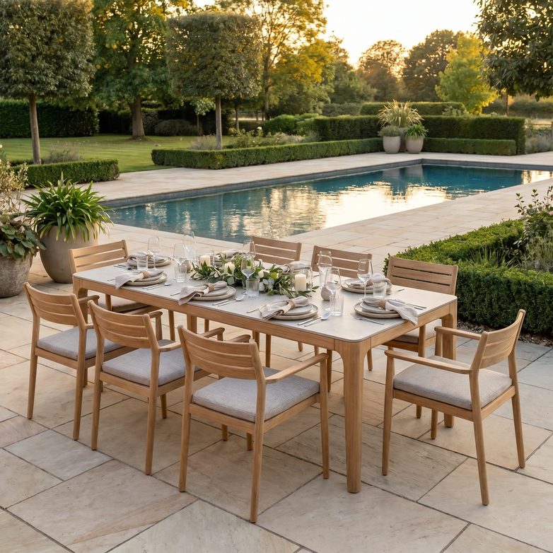 The Siena 8 Seat Dining Set with Ceramic Top Table in Fawn is arranged beside a pool in a landscaped garden at sunset, creating an inviting and modern outdoor dining space.