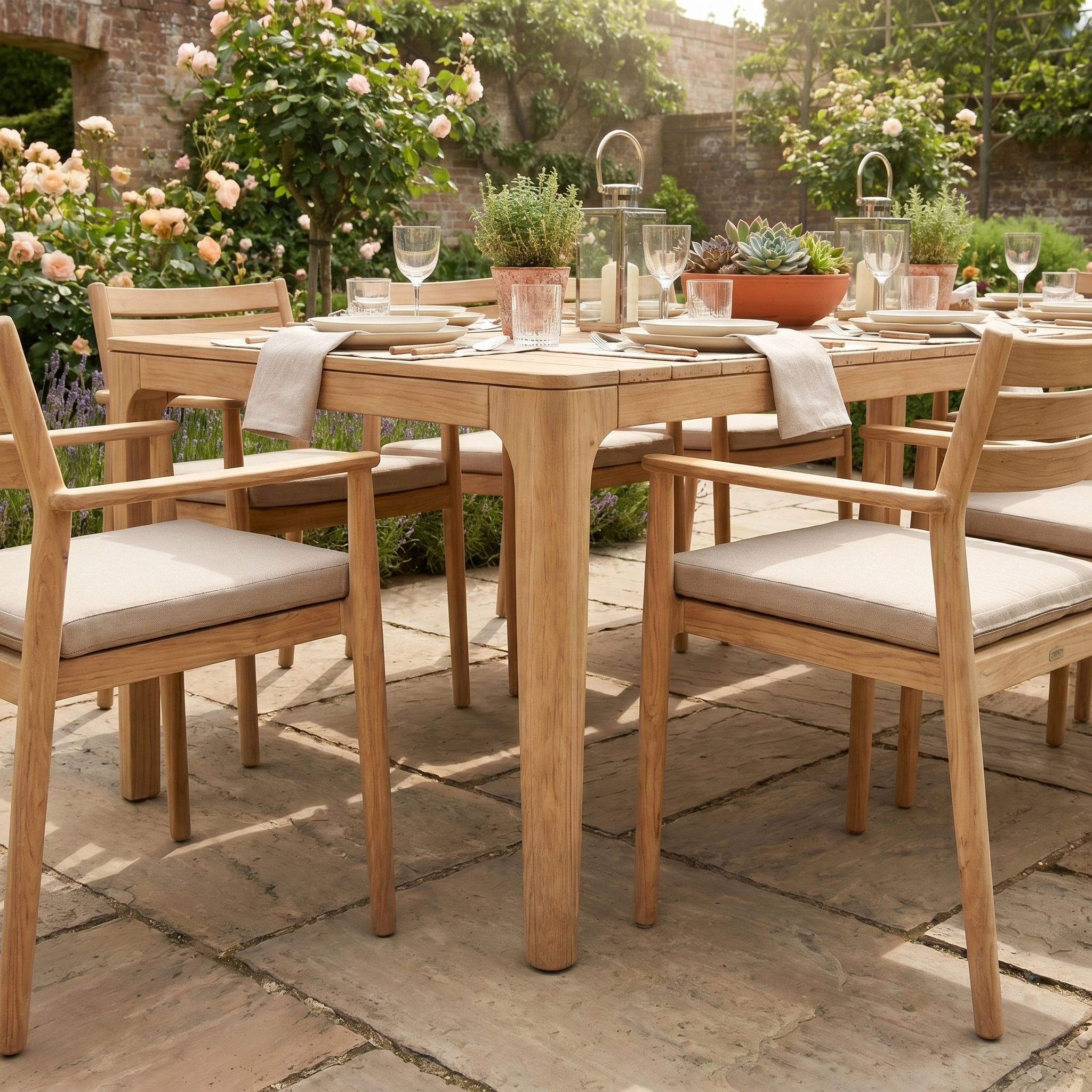 The Siena 8 Seat Dining Set with Teak Table in Fawn is an elegant outdoor dining set, perfect for enjoying meals in a garden surrounded by flowers and greenery.