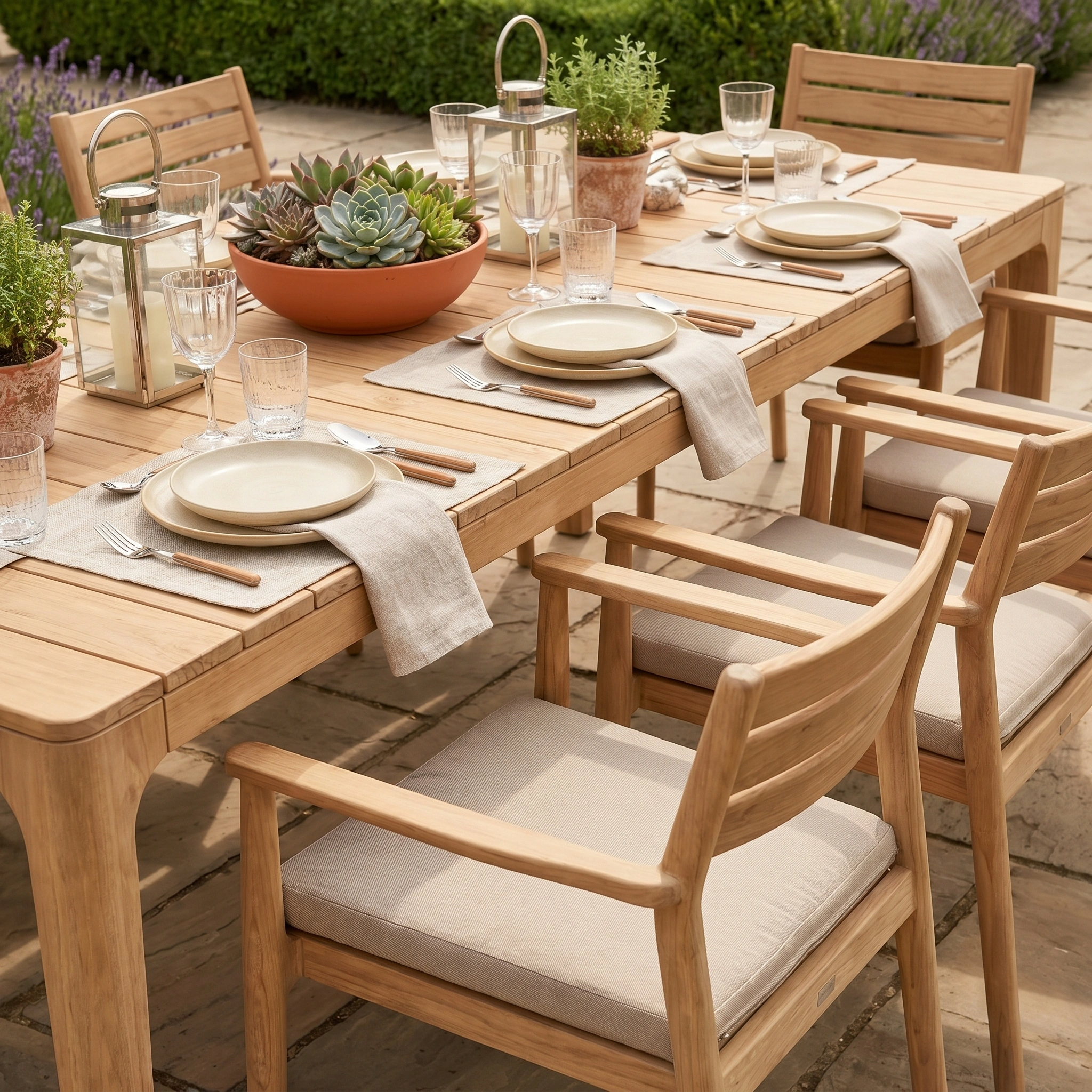 The Siena 8 Seat Dining Set with Teak Table in Fawn includes beige plates, glasses, and a succulent centerpiece, creating a stylish outdoor patio dining experience.