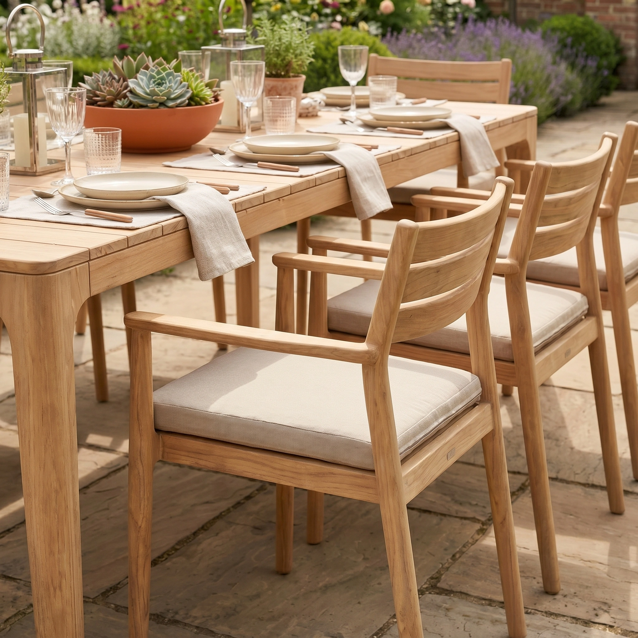 The Siena 8 Seat Dining Set with Teak Table in Fawn offers stylish outdoor dining, featuring a spacious teak table and matching chairs—ideal for gatherings in your garden or on a patio.