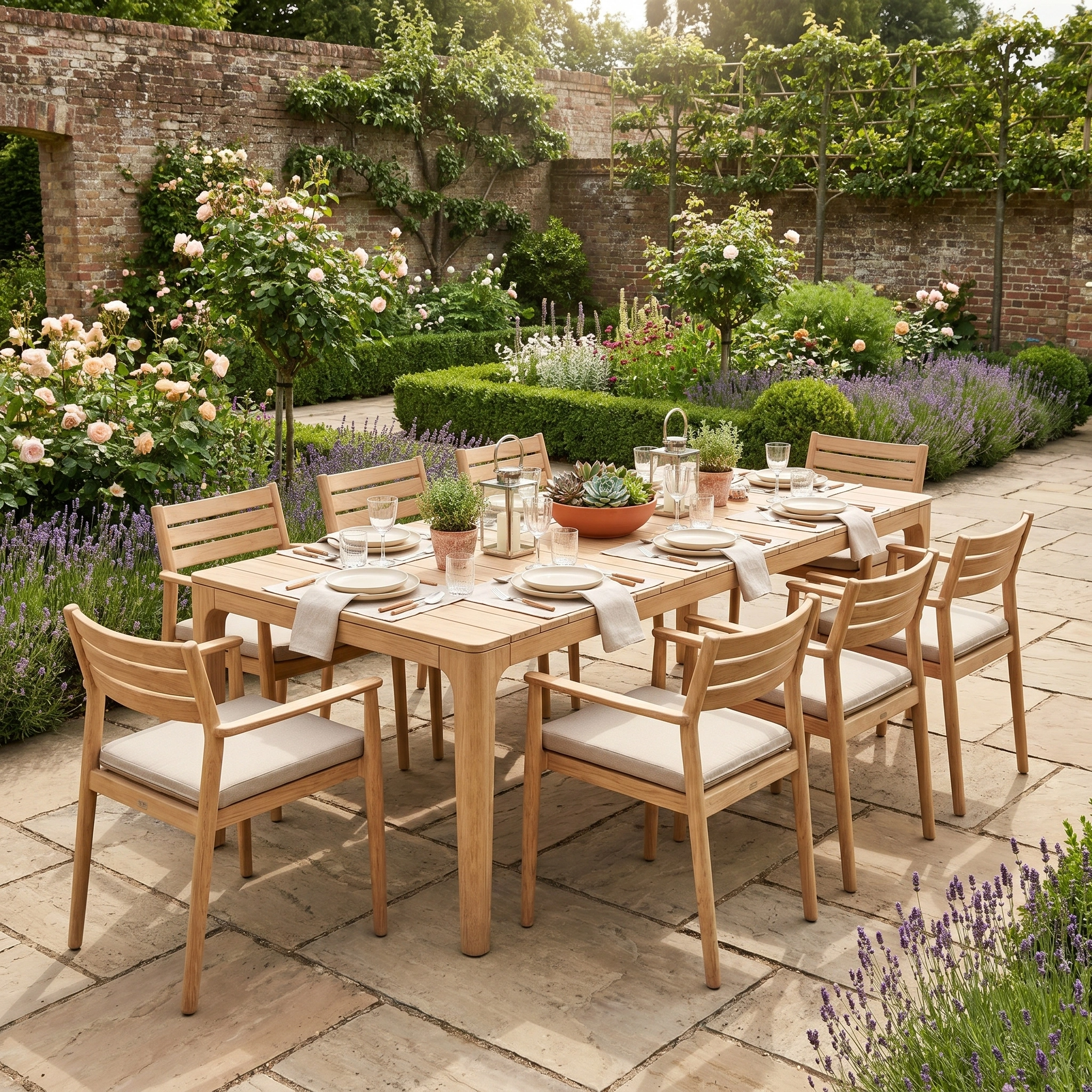 The Siena 8 Seat Dining Set with Teak Table in Fawn sits on a stone patio, surrounded by roses and lavender—ideal outdoor dining furniture for stylish garden gatherings.