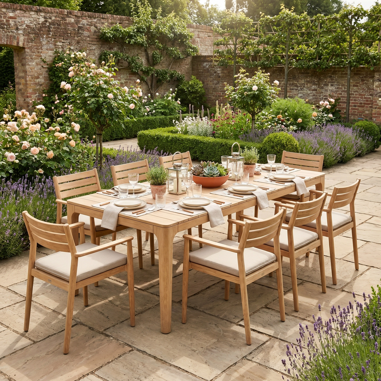 Gather around the Siena 8 Seat Dining Set with Teak Table in Fawn—perfect outdoor dining furniture for enjoying meals in a sunny garden filled with blooms and greenery.