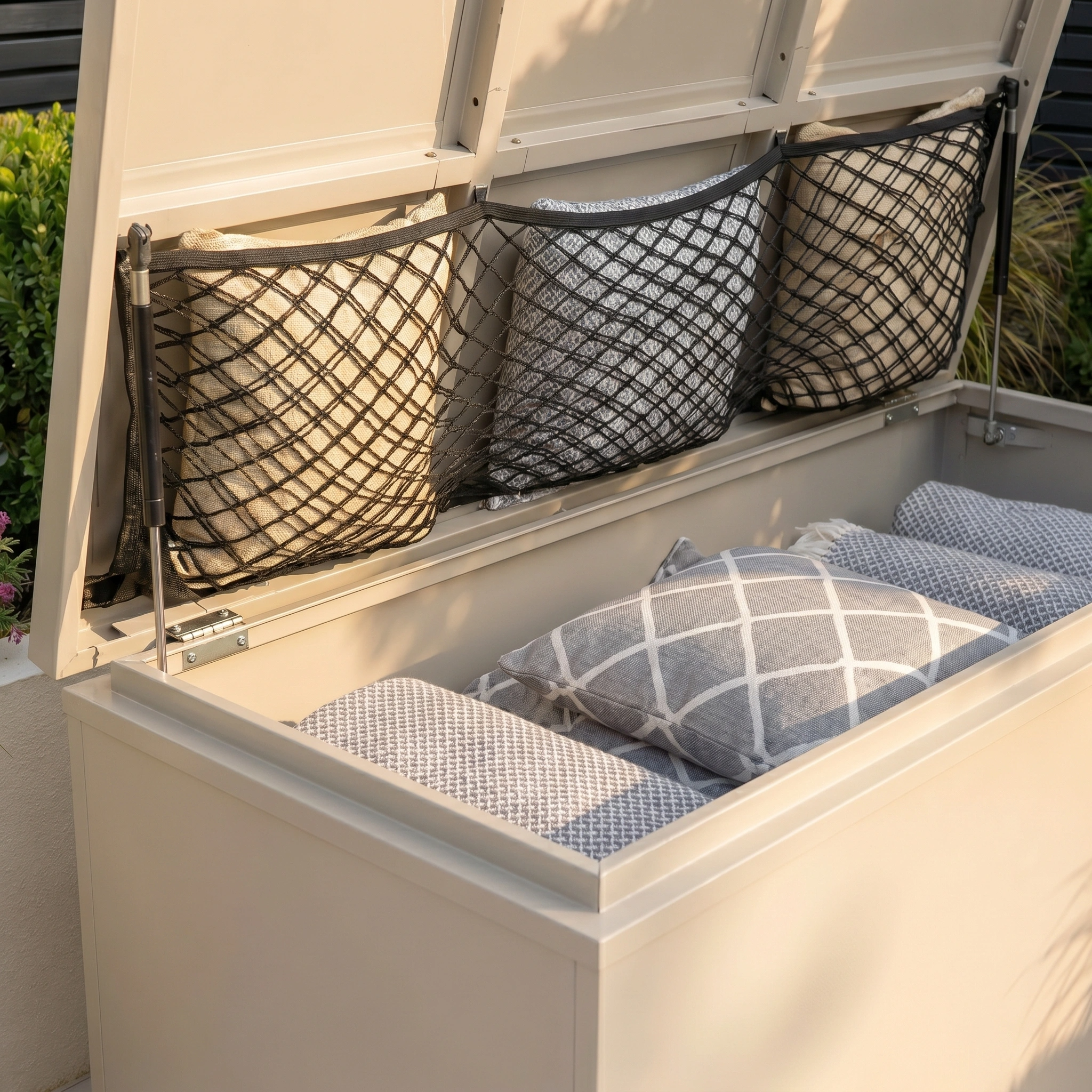 The Small Storage Box in Latte features an open lid, showing pillows and cushions neatly stored inside and in net pockets—ideal for compact or stylish garden storage. Crafted from durable galvanised steel for long-lasting use.