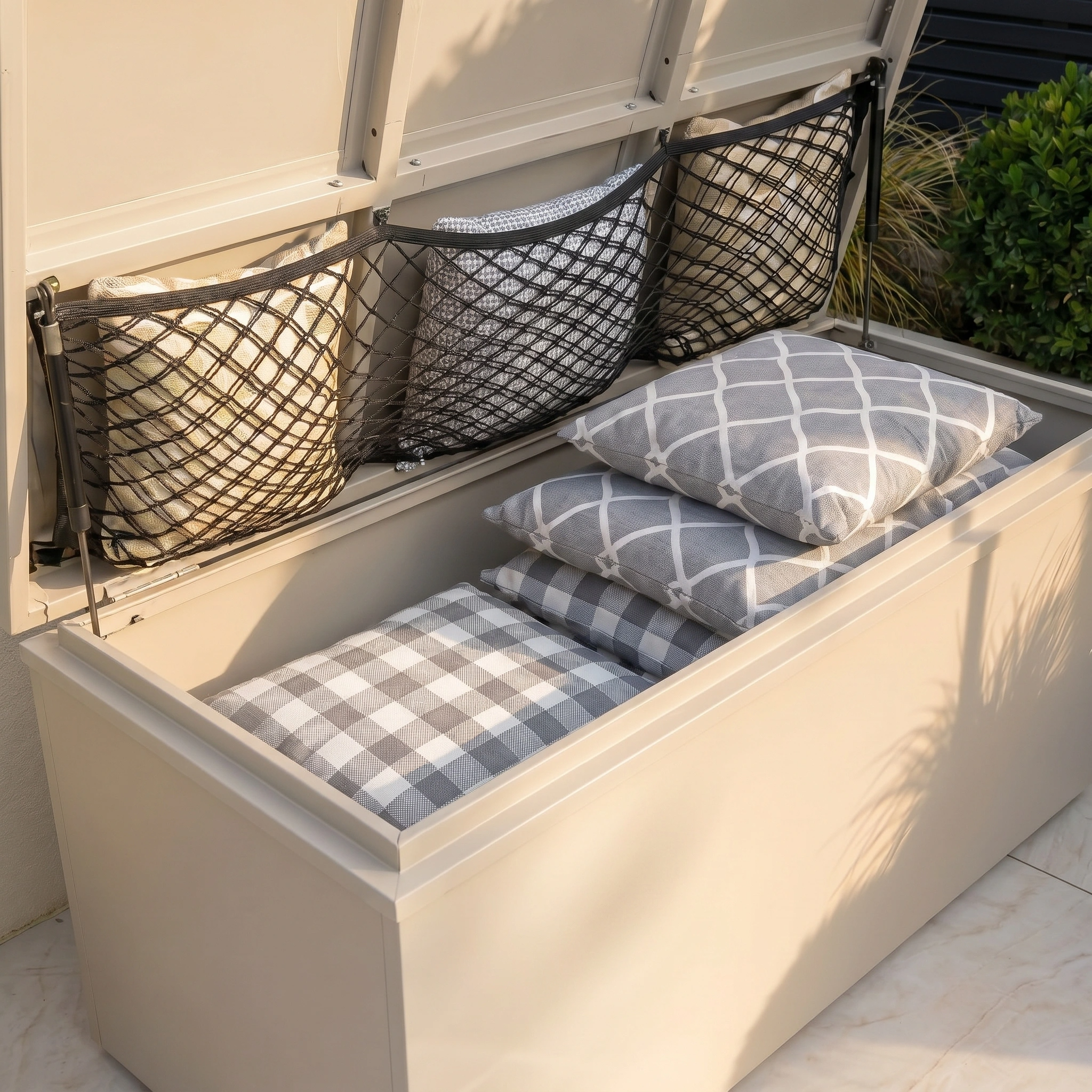 The Small Storage Box in Latte features an open lid and is ideal for garden storage, neatly holding gray and white patterned cushions and pillows inside.