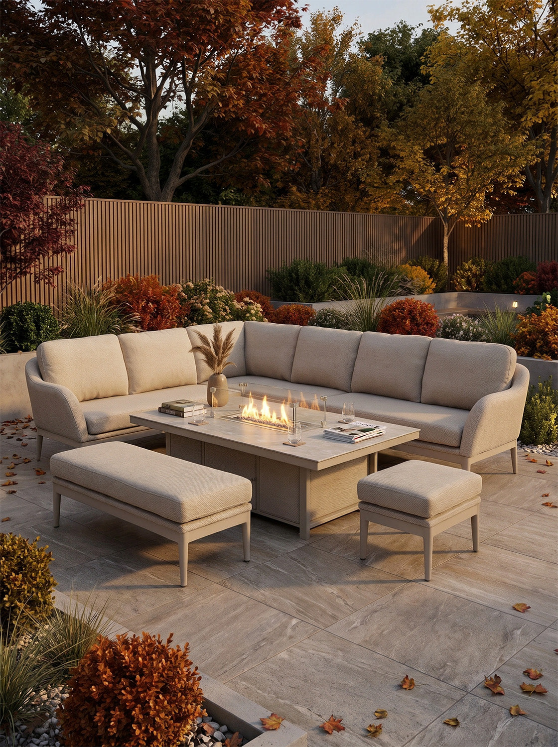 a couch and table in a backyard