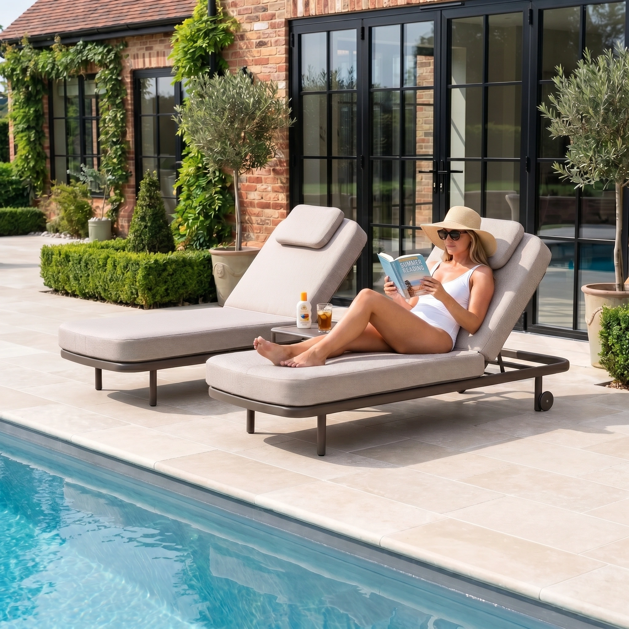 A woman in a white swimsuit reads by the pool on the Sofia Sunlounger with Headrest and Wheels in Putty, with sunscreen and a drink close at hand.