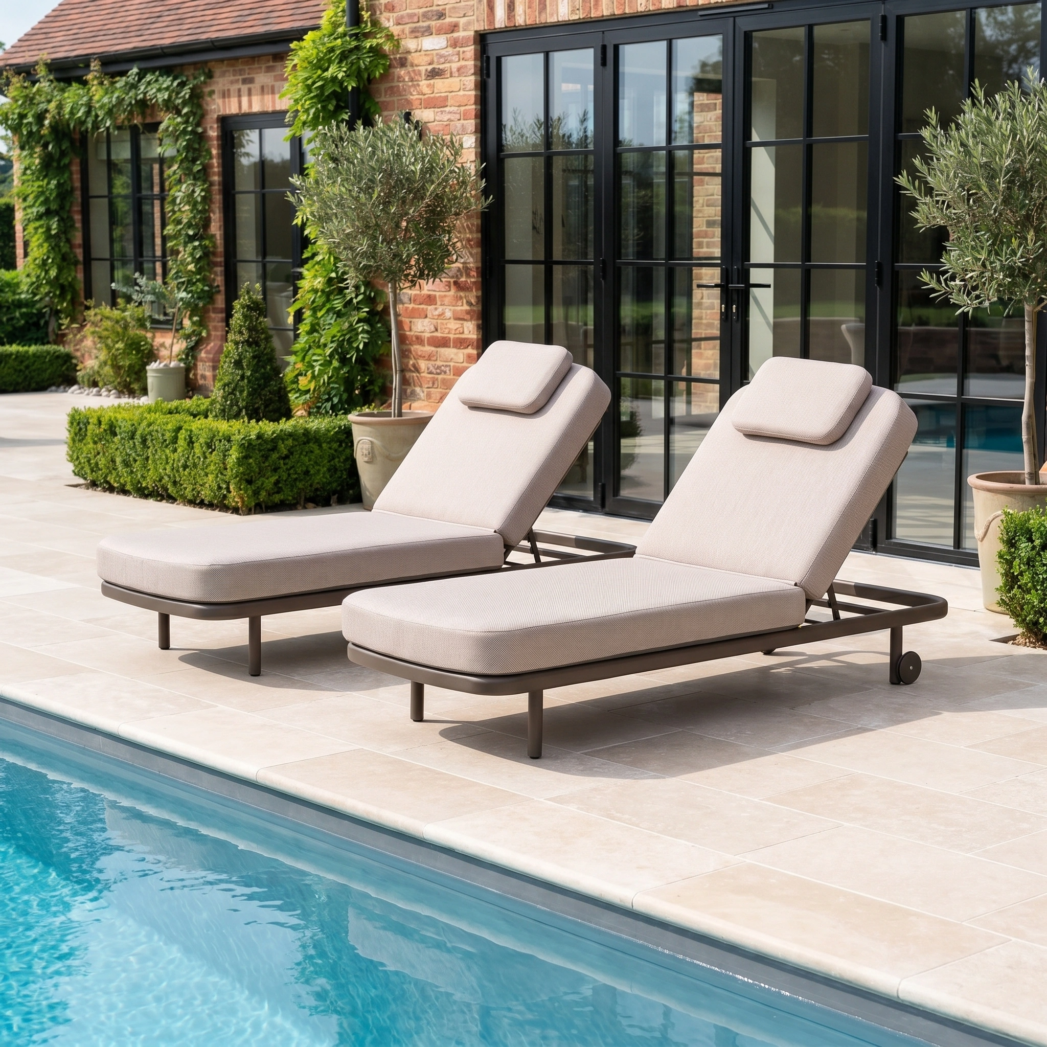 The Sofia Sunlounger with Headrest and Wheels in Putty, placed poolside with a brick house and lush greenery nearby, creates an inviting spot for relaxation.