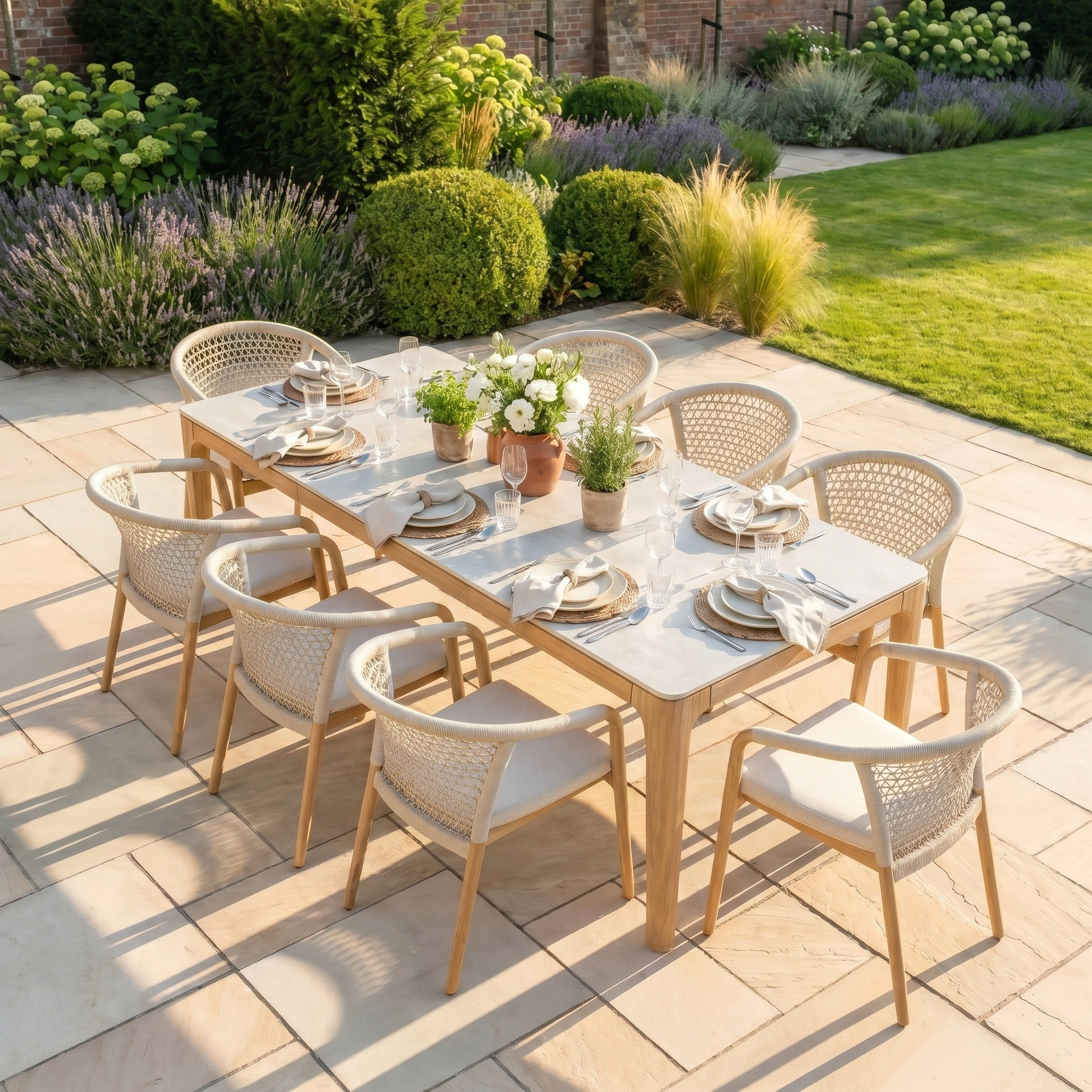 The Sora 8 Seat Rope Dining Set with Ceramic Top Table in Stone is perfect for outdoor meals, featuring stylish rope dining chairs and designed to complement lush greenery and blooming garden plants on your patio.