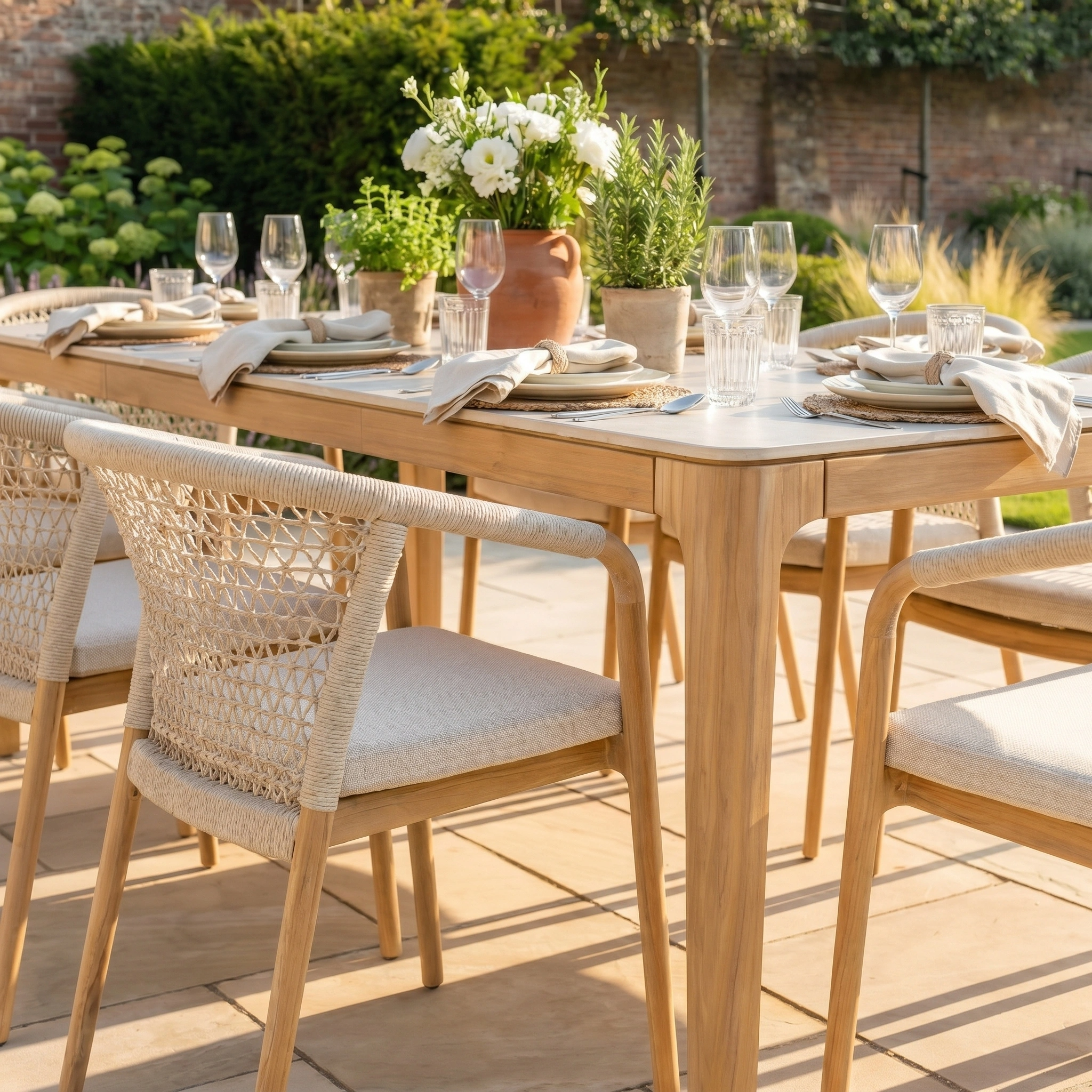 Outdoor furniture set featuring elegant place settings, glassware, and a floral centerpiece on the stylish Sora 8 Seat Rope Dining Set with Ceramic Top Table in Stone on a sunny patio.