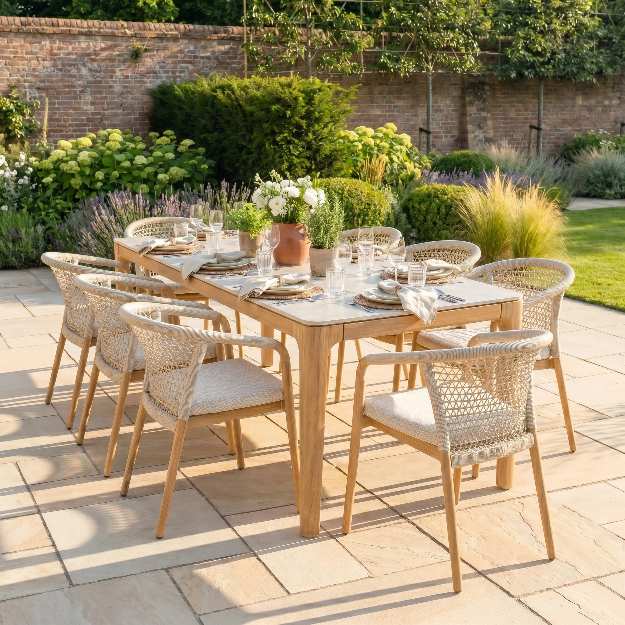 The Sora 8 Seat Rope Dining Set with Ceramic Top Table in Stone, featuring eight chairs, adds elegance to the garden patio and is perfect for enjoying outdoor meals in style.
