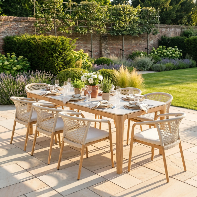 The Sora 8 Seat Rope Dining Set with Ceramic Top Table in Stone is showcased on a patio, surrounded by stylish rope dining chairs in a lush garden setting.