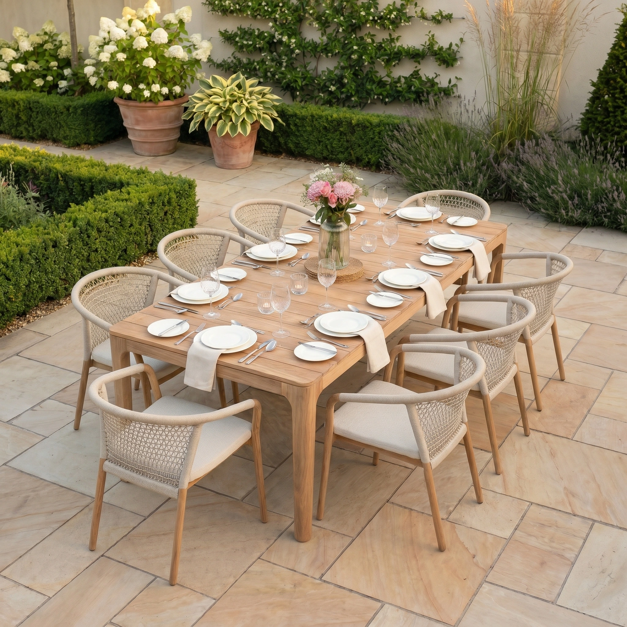 The Sora 8 Seat Rope Dining Set with Teak Table in Stone, surrounded by lush garden greenery, creates a welcoming atmosphere—perfect outdoor dining furniture for gatherings.