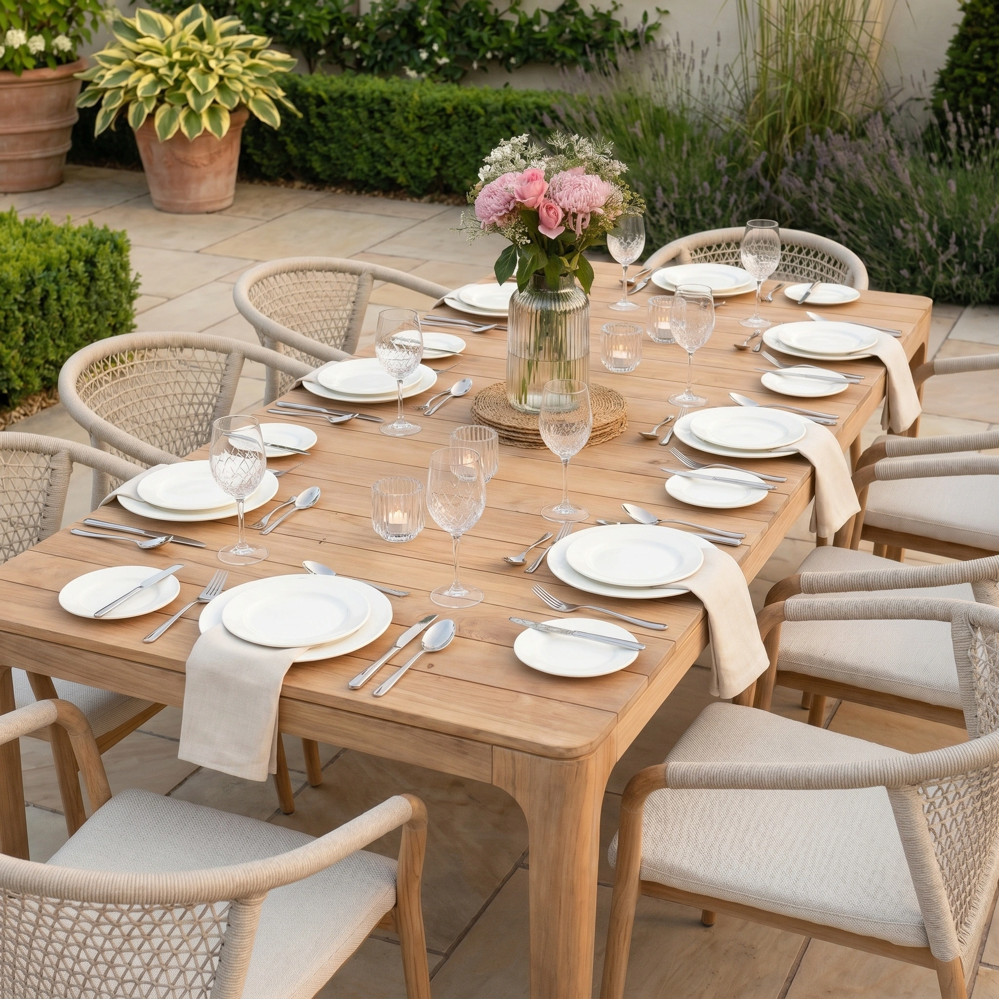 The Sora 8 Seat Rope Dining Set with Teak Table in Stone features handwoven chairs, white plates, glasses, cutlery, and a vase of pink flowers—ideal for stylish outdoor dining.