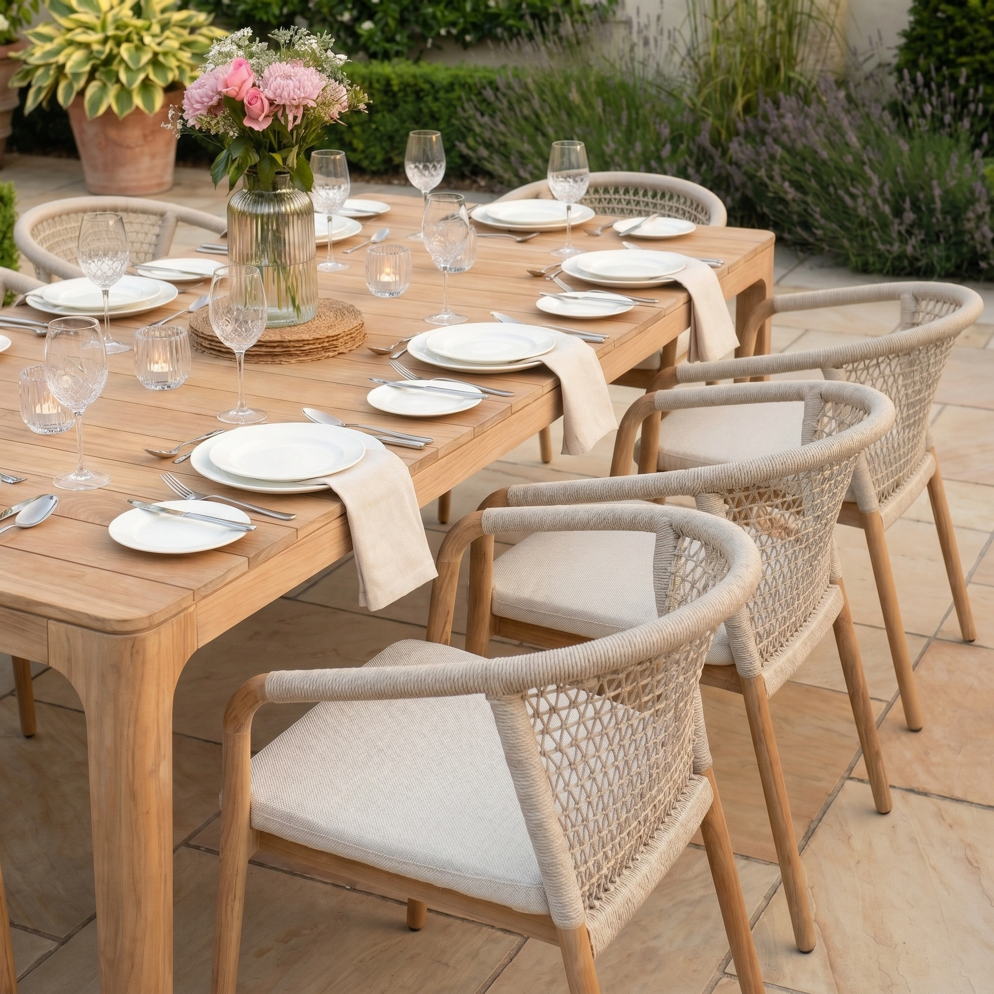 The Sora 8 Seat Rope Dining Set with Teak Table in Stone, styled with plates, glasses, cutlery, beige napkins, and pink flowers, creates an elegant setting for outdoor dining.