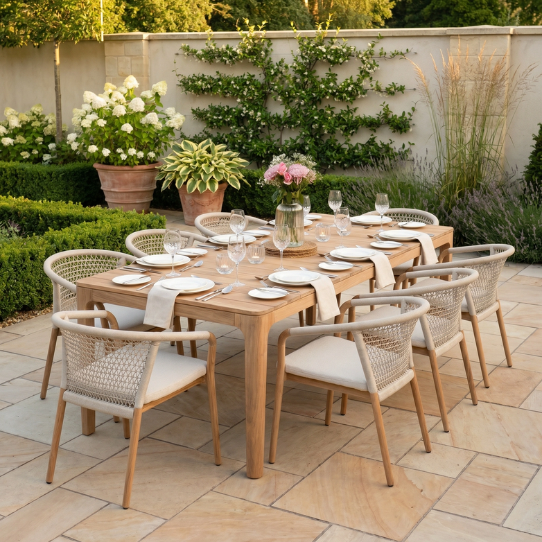 The Sora 8 Seat Rope Dining Set with Teak Table in Stone provides a stylish, weather-resistant outdoor furniture solution that's perfect for dining and entertaining on your garden patio.