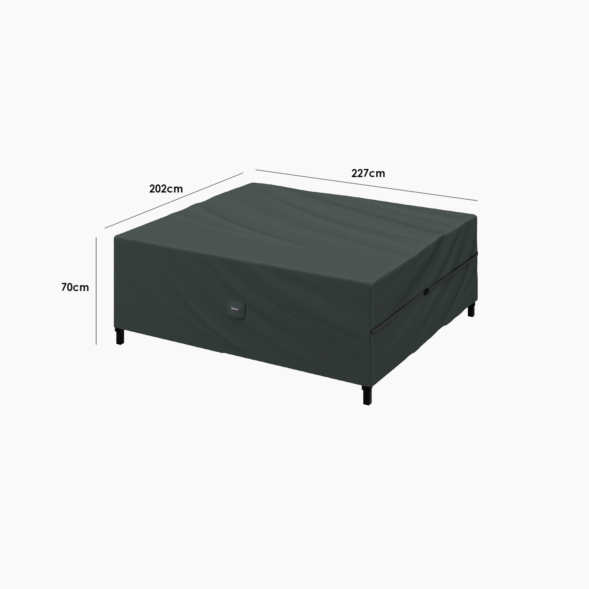 Stormtex Large 3 Seat Sofa Dining Set Cover, rectangular and dark-colored, shown on legs; measures 227 x 202 x 70cm (as labeled on image); designed for waterproof outdoor furniture protection.