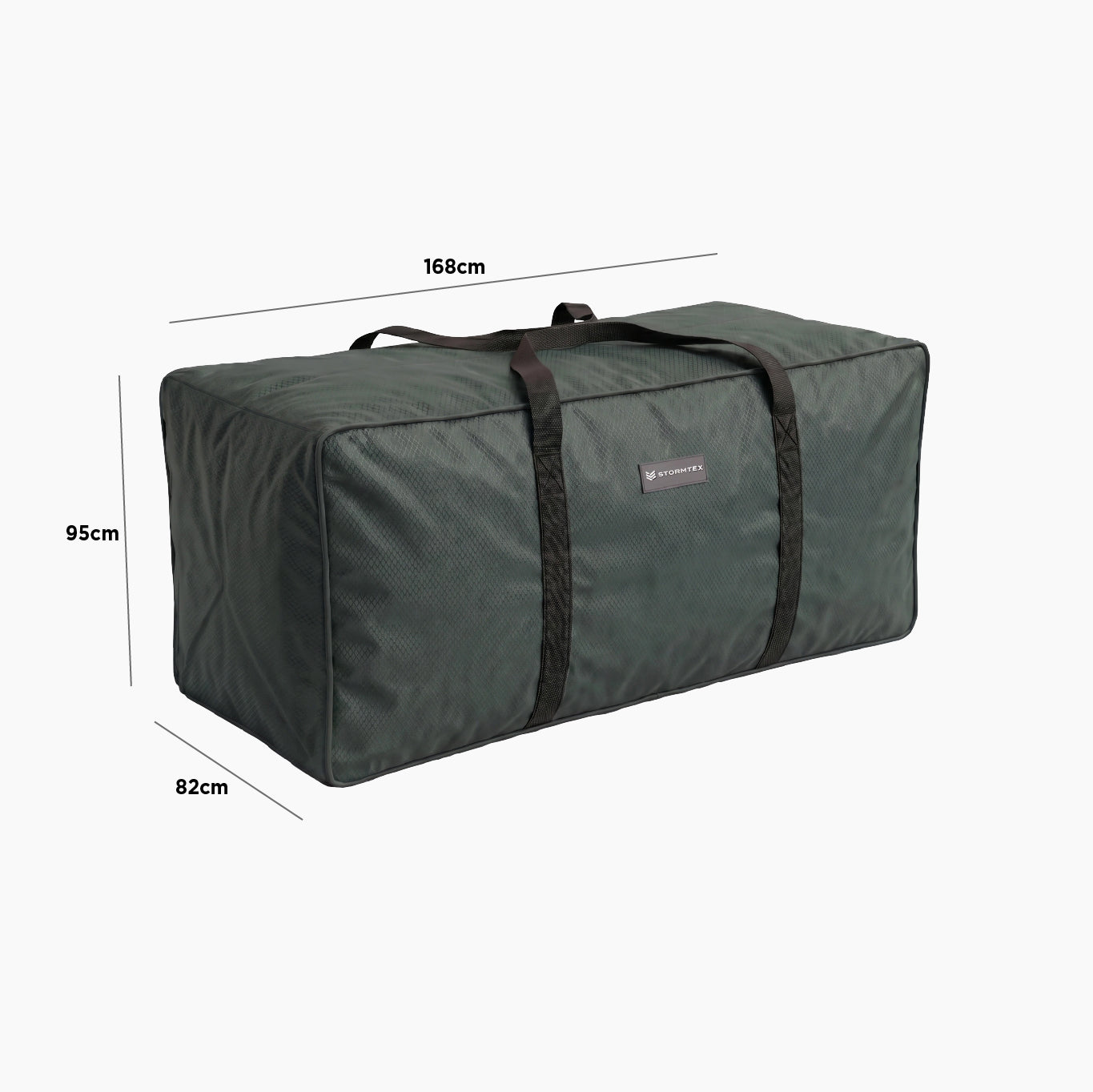 Introducing the Stormtex Cushion Storage Bag 168 x 82 x 95cm—a large rectangular green bag with sturdy black handles. With labeled dimensions of 168cm x 82cm x 95cm, this spacious cushion storage solution is perfect for keeping your outdoor cushions protected and organized, offering ample space and lasting durability.
