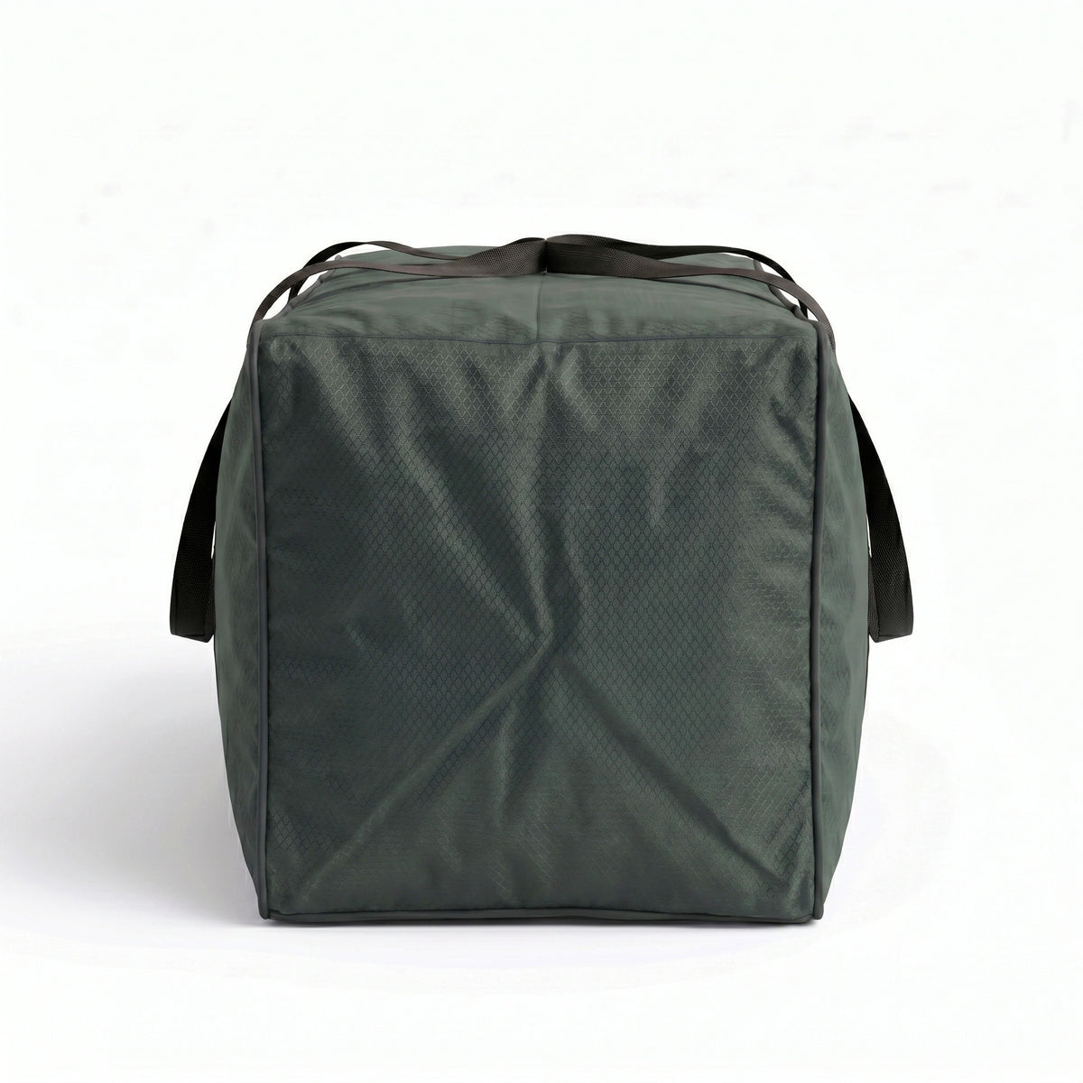 A dark green, square-shaped Stormtex Cushion Storage Bag 168 x 82 x 95cm with black handles, designed for efficient cushion storage, shown from the front against a white background.