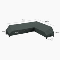 Stormtex Large Right Hand L-Shape Cover—waterproof outdoor furniture cover with labeled dimensions: 375x300x90x80x30x45 cm.
