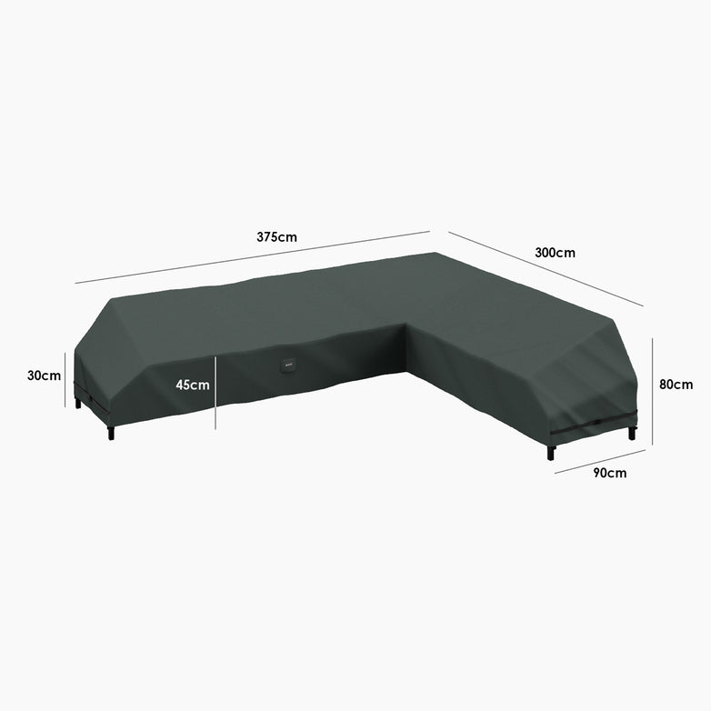 Stormtex Large Right Hand L-Shape Cover—waterproof outdoor furniture cover with labeled dimensions: 375x300x90x80x30x45 cm.