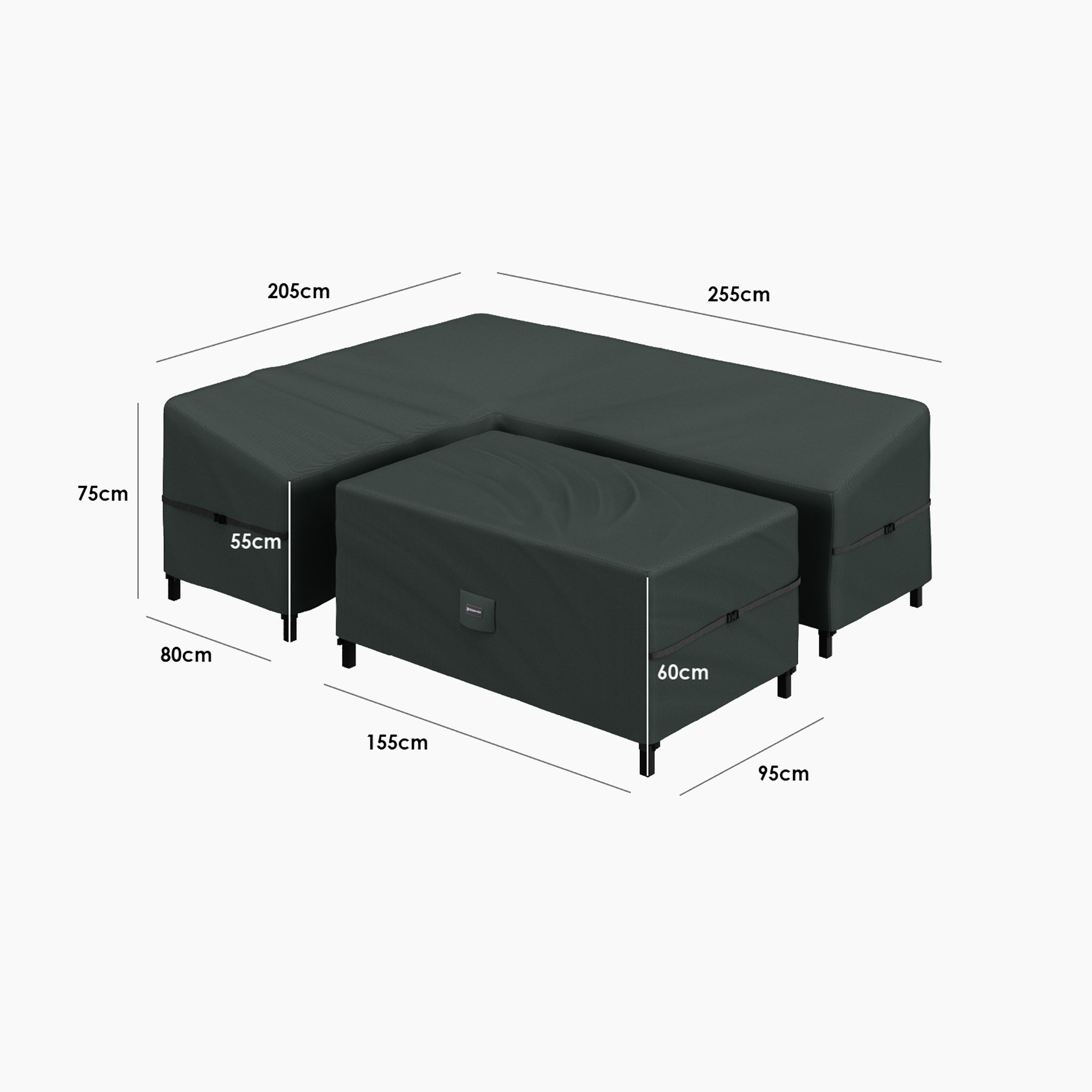 The Stormtex Left Hand Corner Sofa Dining Set Cover Pack for black outdoor sectionals includes a waterproof cover and is shown with labeled dimensions in centimeters.