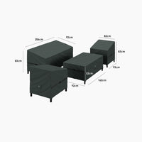 Four covered furniture pieces with labeled dimensions in cm on a white background, each protected by the Stormtex Luna 3 Seat Sofa Dining Set Cover Pack for durable, waterproof performance.