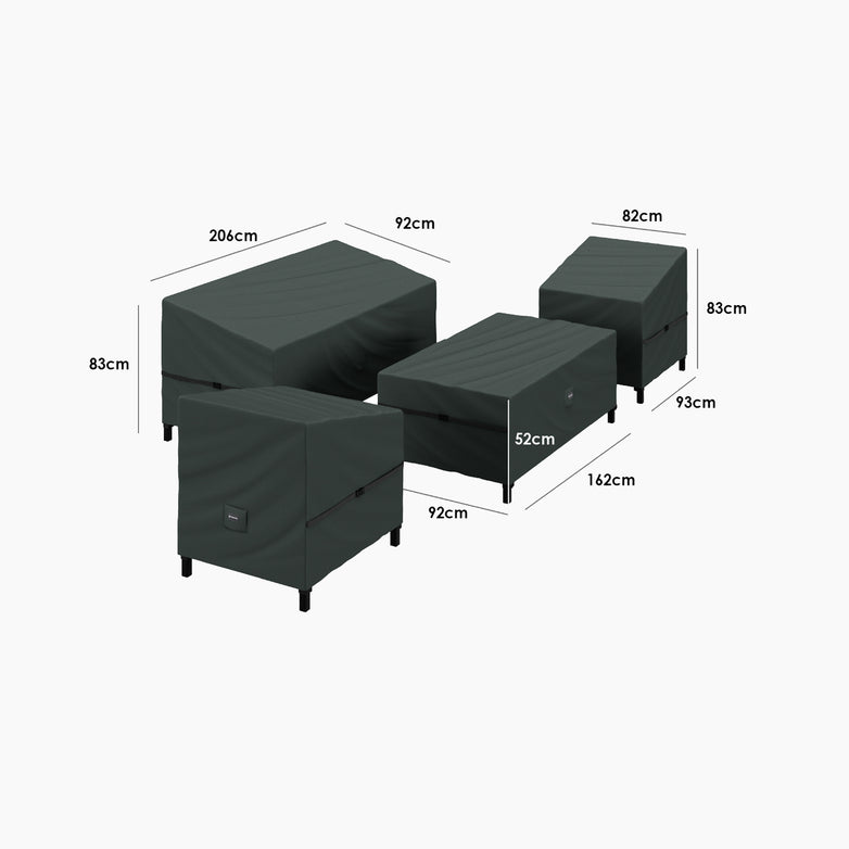 Four covered furniture pieces with labeled dimensions in cm on a white background, each protected by the Stormtex Luna 3 Seat Sofa Dining Set Cover Pack for durable, waterproof performance.