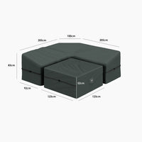 Dark sectional sofa with dimensions labeled in centimeters, ideal for pairing with the Stormtex Luna Deluxe Square Corner Dining Set Cover to protect your investment.