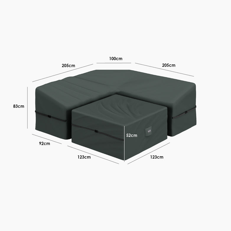Dark sectional sofa with dimensions labeled in centimeters, ideal for pairing with the Stormtex Luna Deluxe Square Corner Dining Set Cover to protect your investment.