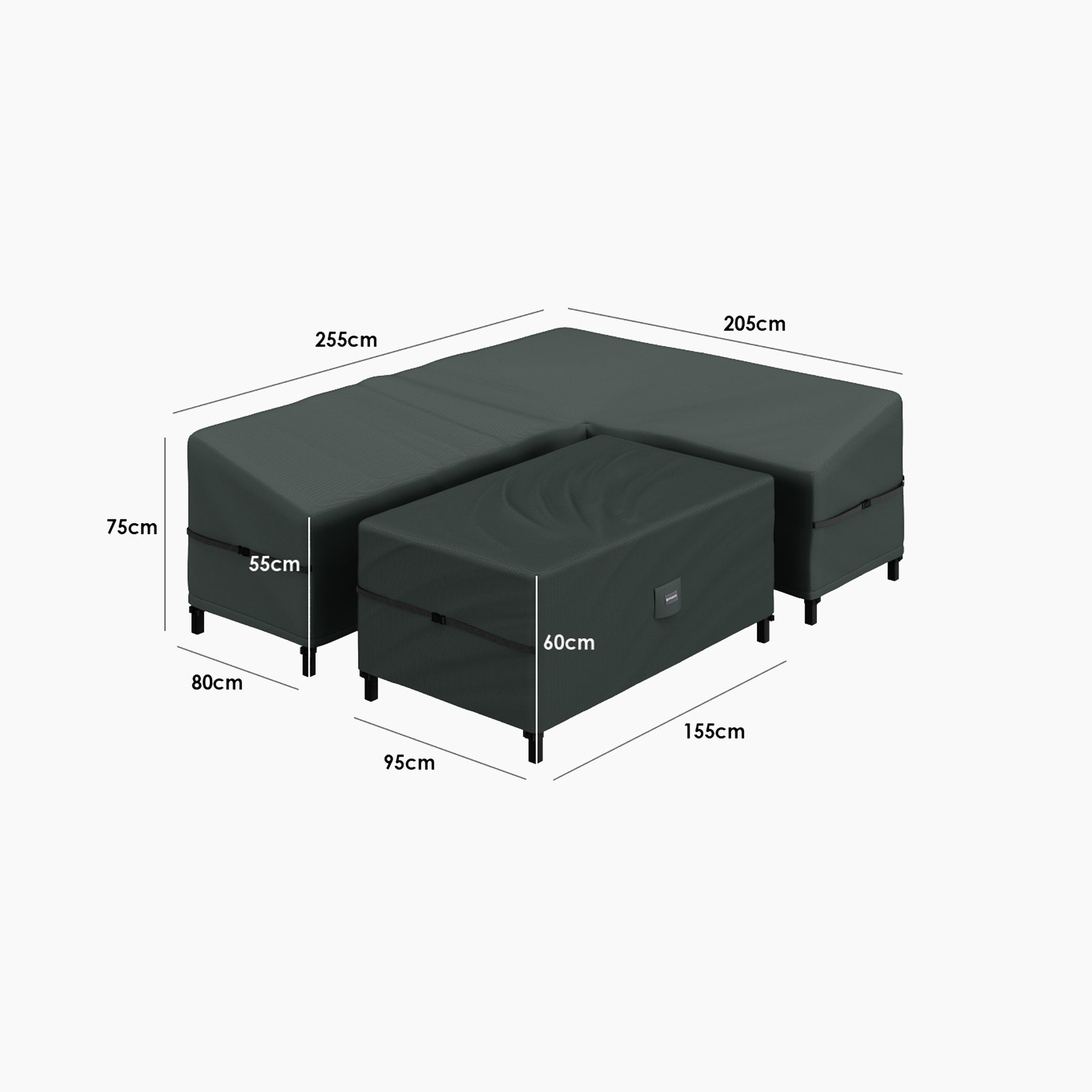 Dark gray L-shaped sectional sofa with ottoman, shown with labeled centimeter dimensions. Shield your set using the Stormtex Right Hand Corner Sofa Dining Set Cover Pack—waterproof protection for like-new condition indoors or outdoors.