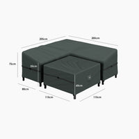 Dark gray L-shaped sectional sofa with centimeter dimensions on a white background, ideal for pairing with the Stormtex Small Corner Dining Sofa Set Cover Pack for waterproof outdoor protection.