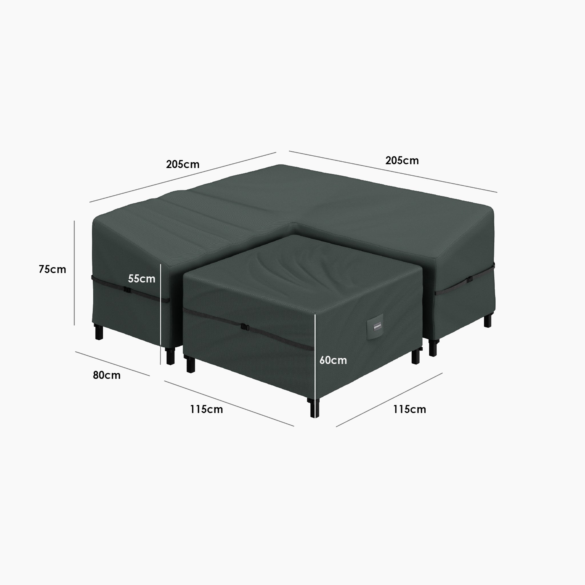 Dark gray L-shaped sectional sofa with centimeter dimensions on a white background, ideal for pairing with the Stormtex Small Corner Dining Sofa Set Cover Pack for waterproof outdoor protection.