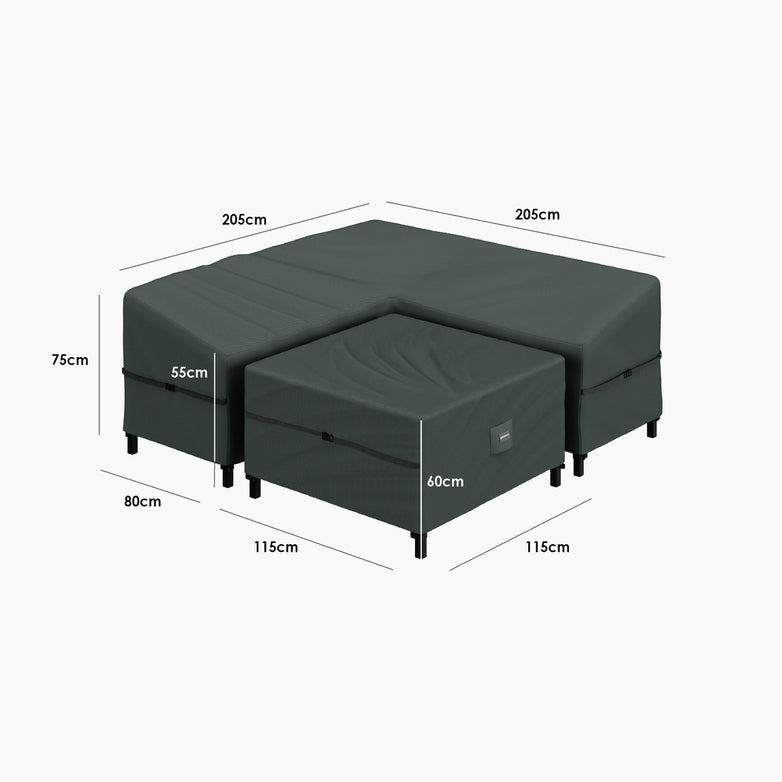 Dark gray L-shaped sectional sofa with centimeter dimensions on a white background, ideal for pairing with the Stormtex Small Corner Dining Sofa Set Cover Pack for waterproof outdoor protection.