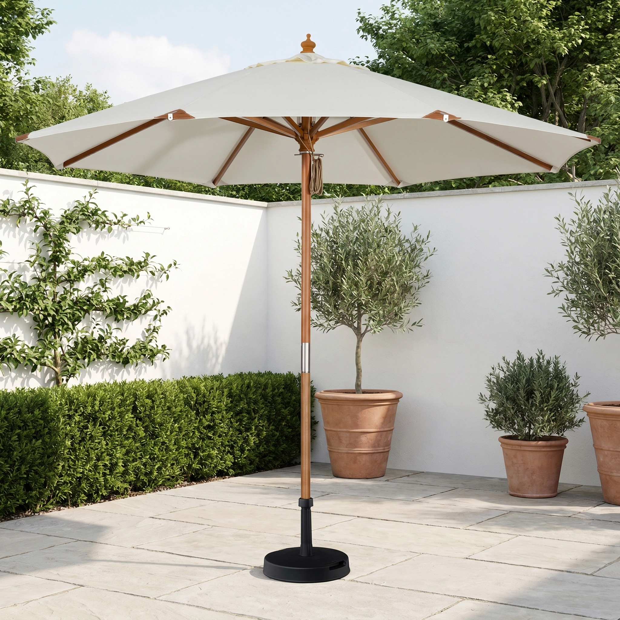The Styx 3m Round Deluxe Wooden Parasol in Beige stands on a stone patio, surrounded by potted plants and lush green shrubs.