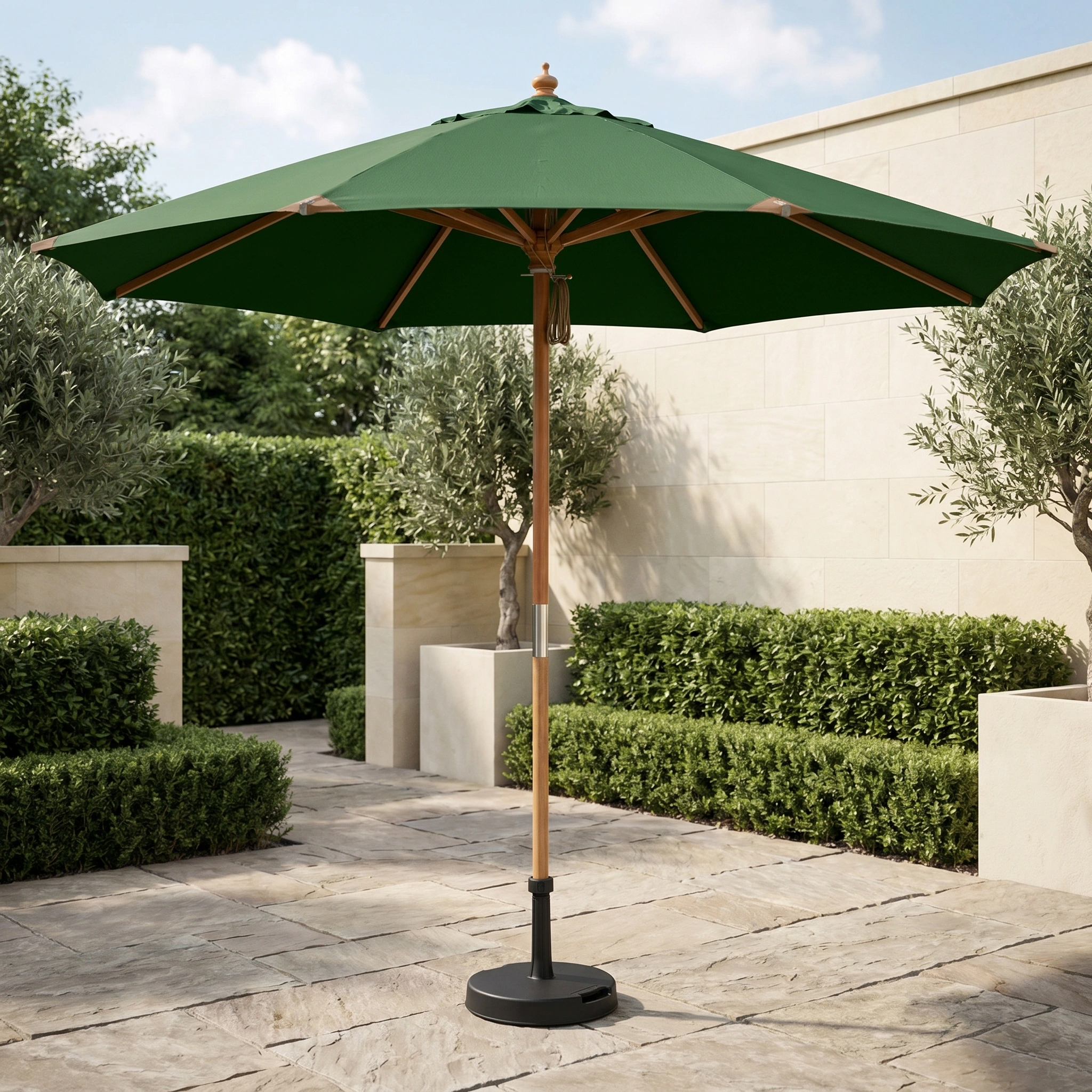 The Styx 3m Round Deluxe Wooden Parasol in Green stands on stone tiles in a neatly landscaped courtyard with hedges.