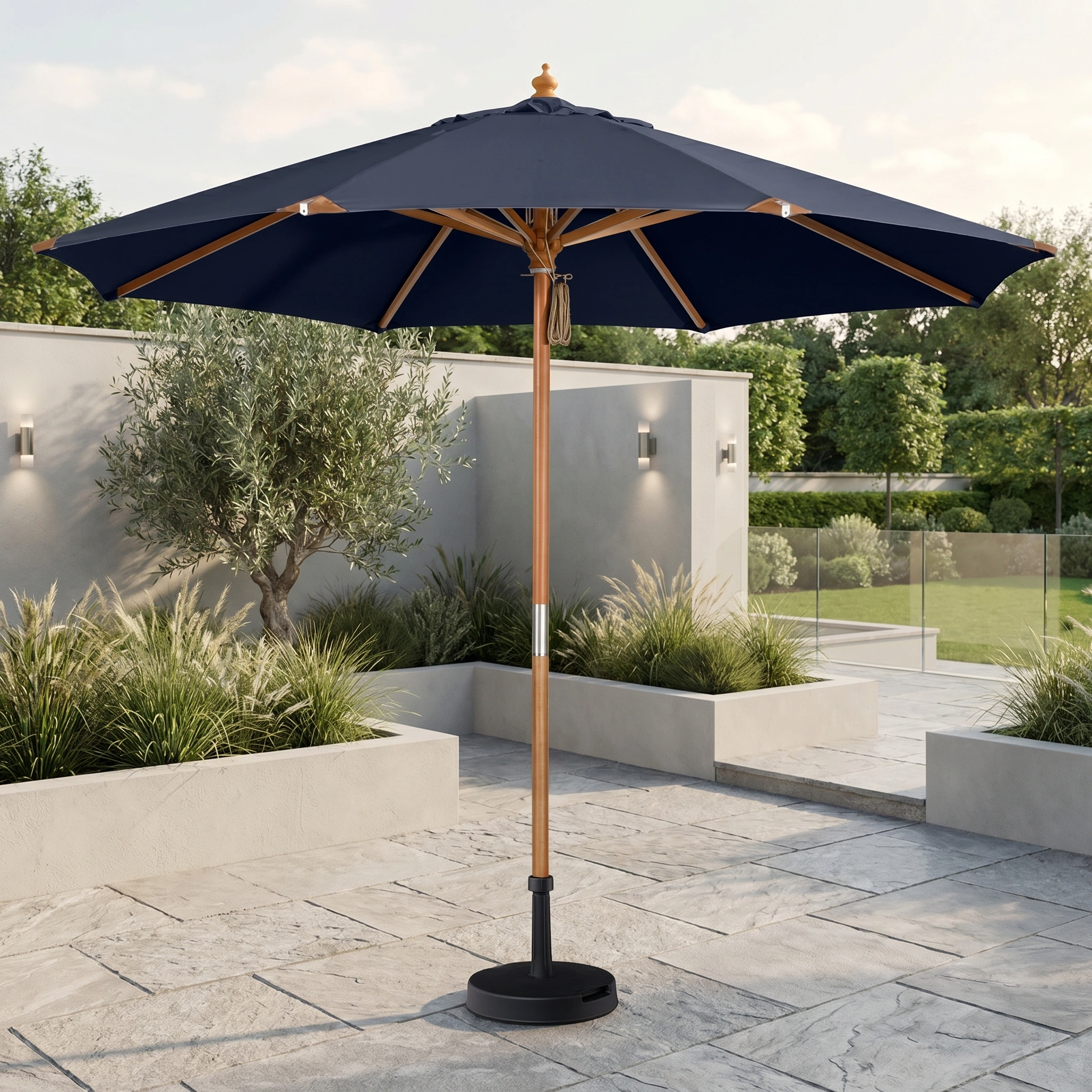 The Styx 3m Round Deluxe Wooden Parasol in Navy stands on a stone terrace, surrounded by greenery and modern garden walls.