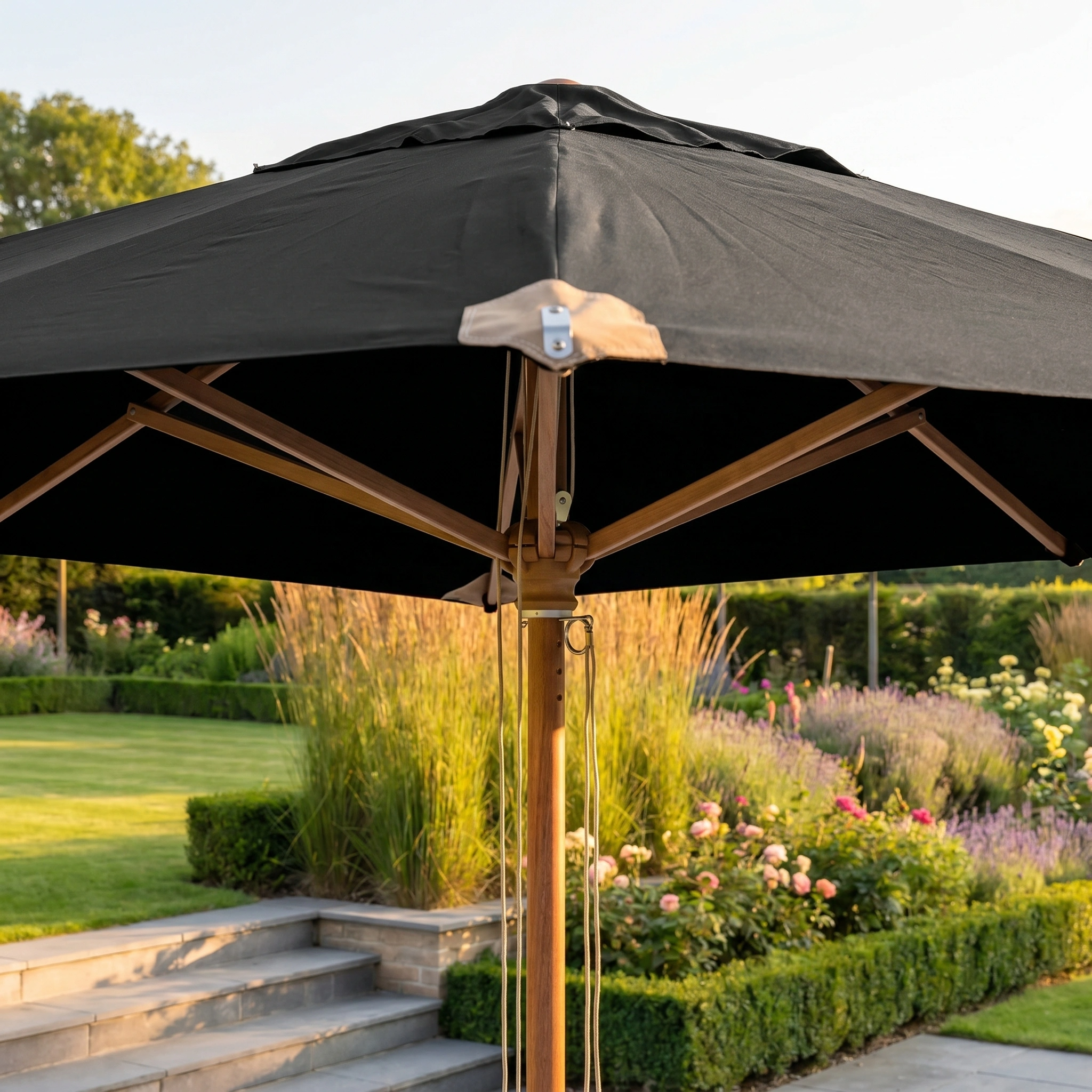 The Styx 3m x 2m Rectangular Deluxe Wooden Parasol in Black stands open near a garden filled with flowers and lush green grass.