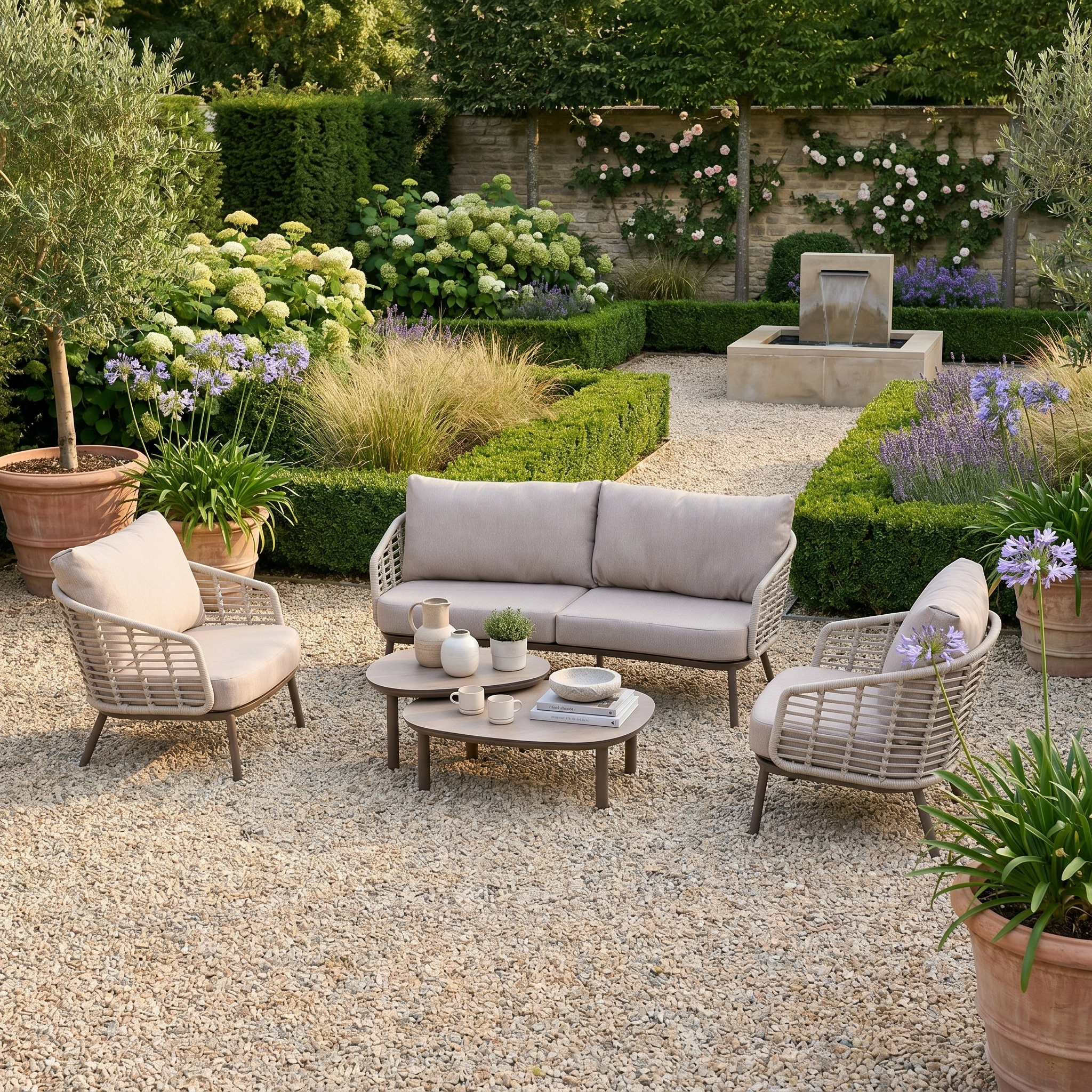 A garden patio featuring the Sutera 3 Seat Sofa Set in Putty with all-weather cushions, surrounded by lush plants and a tranquil water feature.