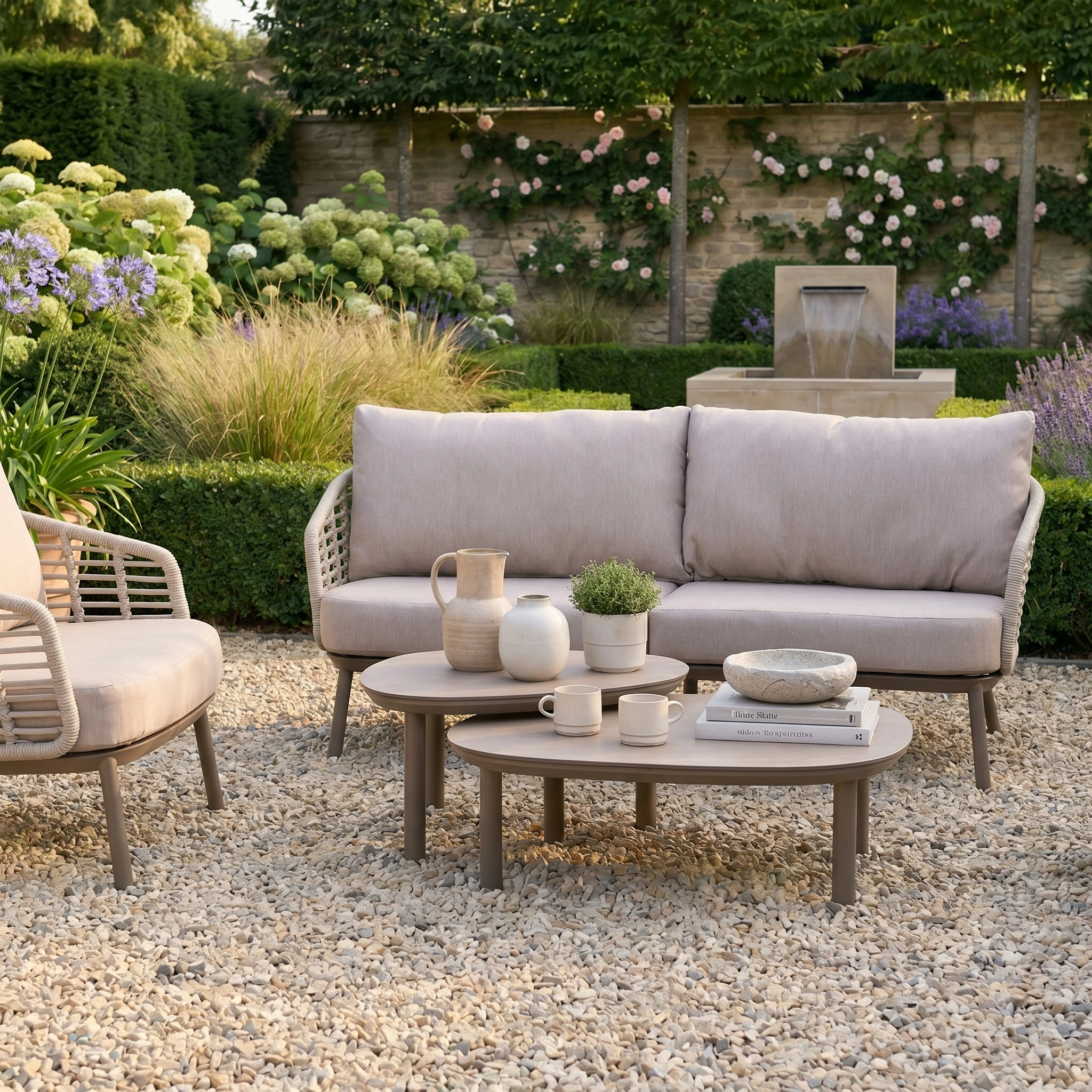 The Sutera 3 Seat Sofa Set in Putty, featuring all-weather cushions, a rope chair, and nesting coffee tables on gravel amid a lush garden, creates an inviting outdoor space for stylish relaxation.