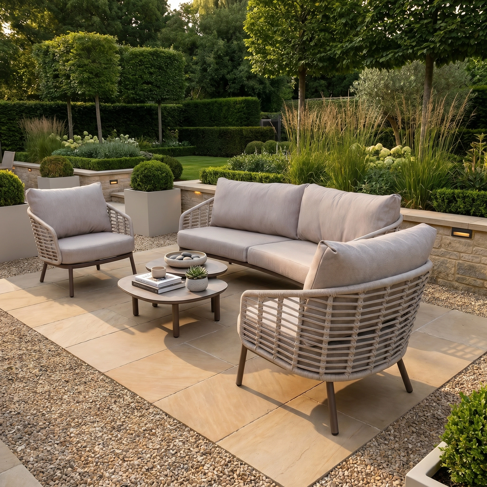 Modern outdoor patio featuring the Sutera 3 Seat Sofa Set in Putty with all-weather cushions, coffee table, and a lush garden backdrop.