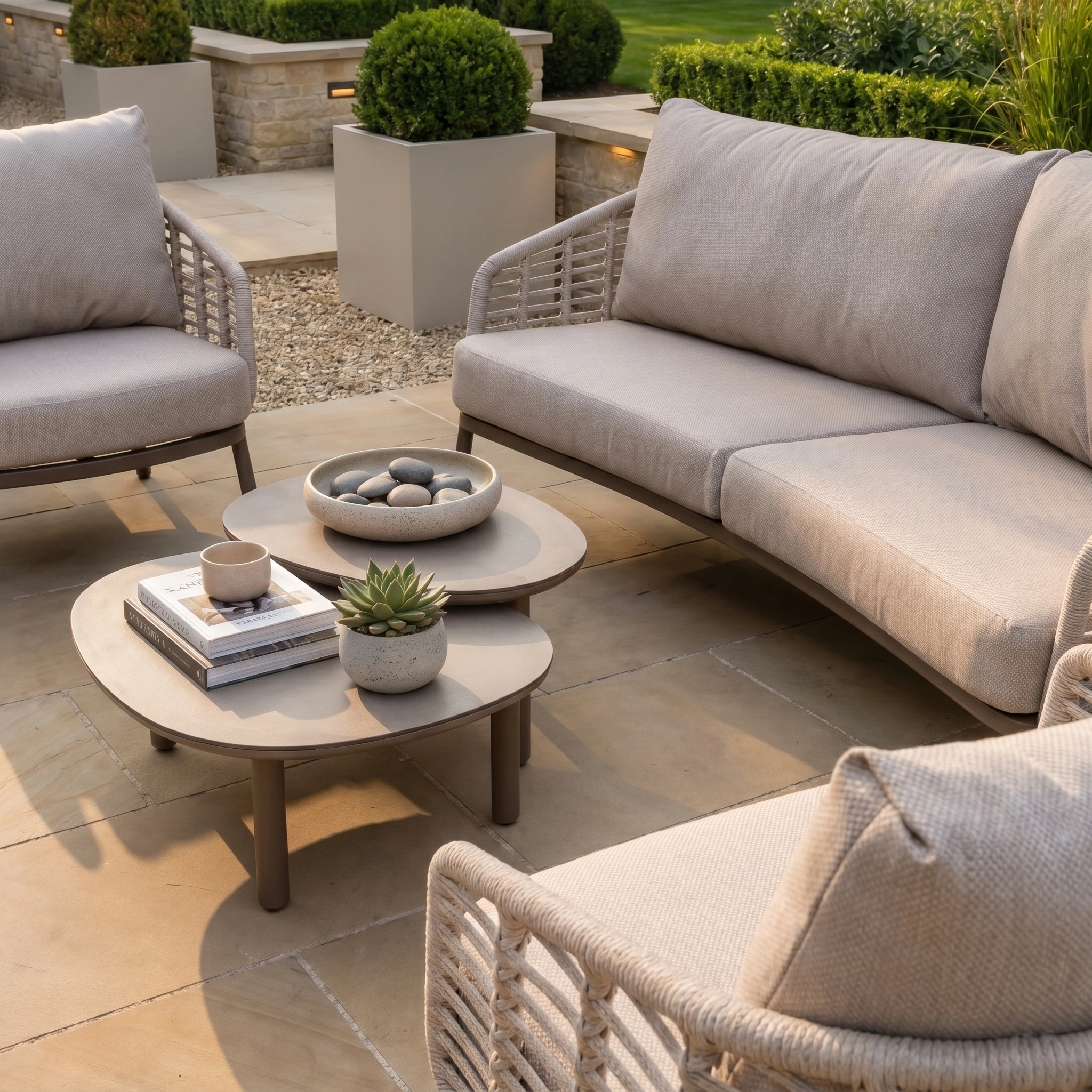 Create a modern outdoor patio with the Sutera 3 Seat Sofa Set in Putty, featuring comfy cushioned seating, garden furniture, low tables, books, a succulent, and decorative stones.