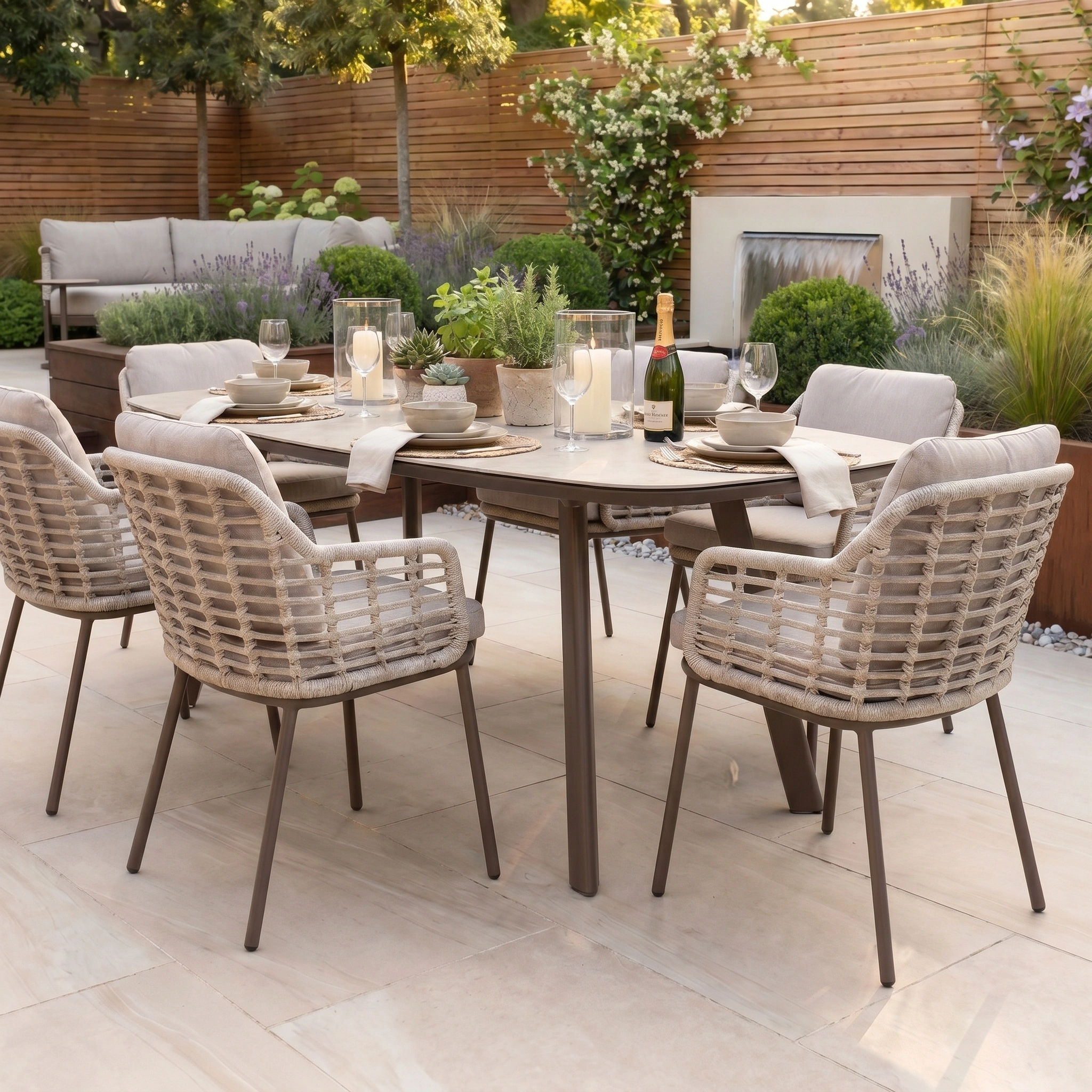 The Sutera 6 Seat Curved Rectangular Dining Set in Putty is shown with tableware, candles, and greenery in a stylish modern garden setting.